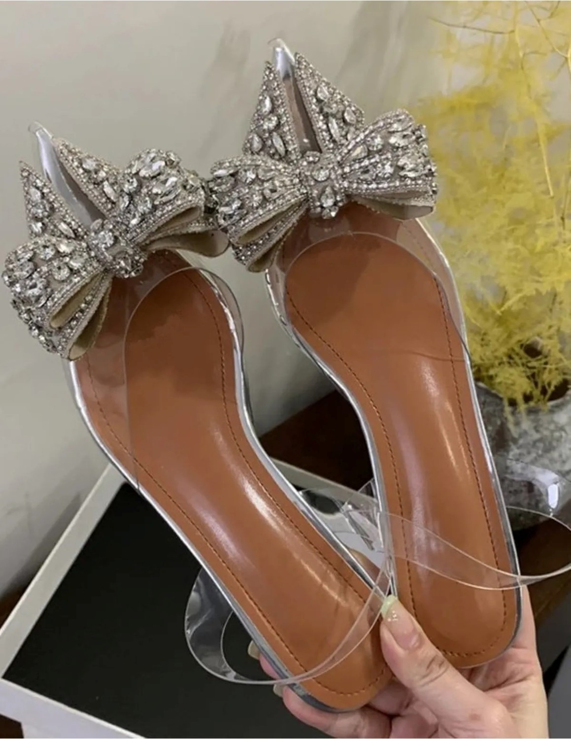 Trendy Anka Lady Princess Gümüş Nude 2cm Şeffaf Topuklu Kristal Fiyonk Taşlı Babet Düğün Nişan Abiye Ayakkabı görsel 4