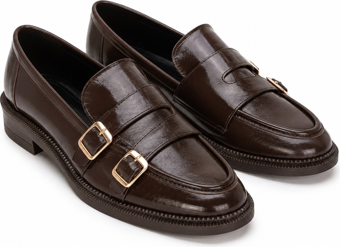 Patron Shoes Kadın Çift Tokalı Loafer Ayakkabı, Parlak Görünümlü Günlük Klasik Model görsel 5