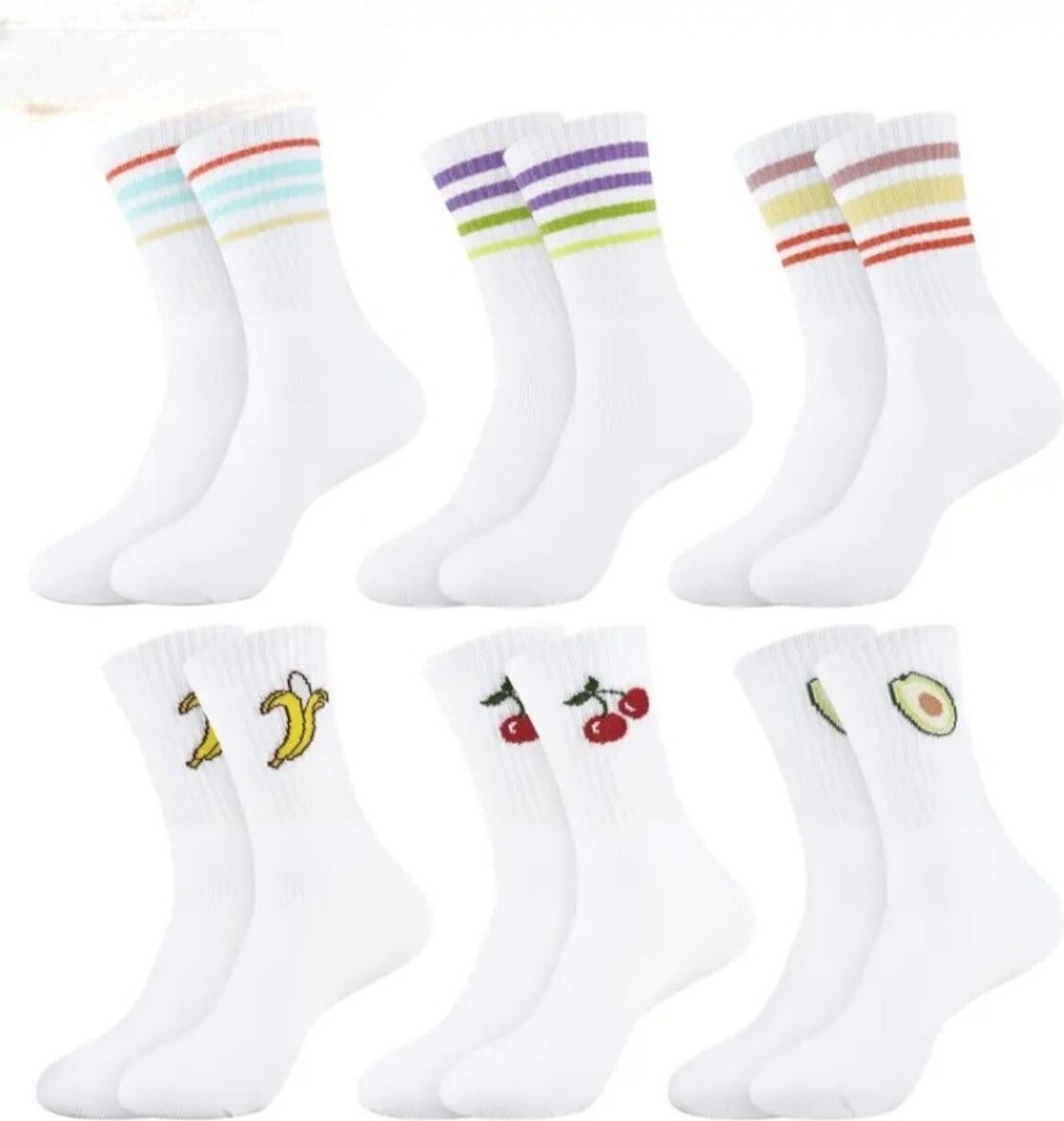 Hitit Socks Kadın 6 Çift Premium Kalite Renkli Çizgili ve Meyve Desenli Nefes Alabilen Tenis Çorabı görsel 2