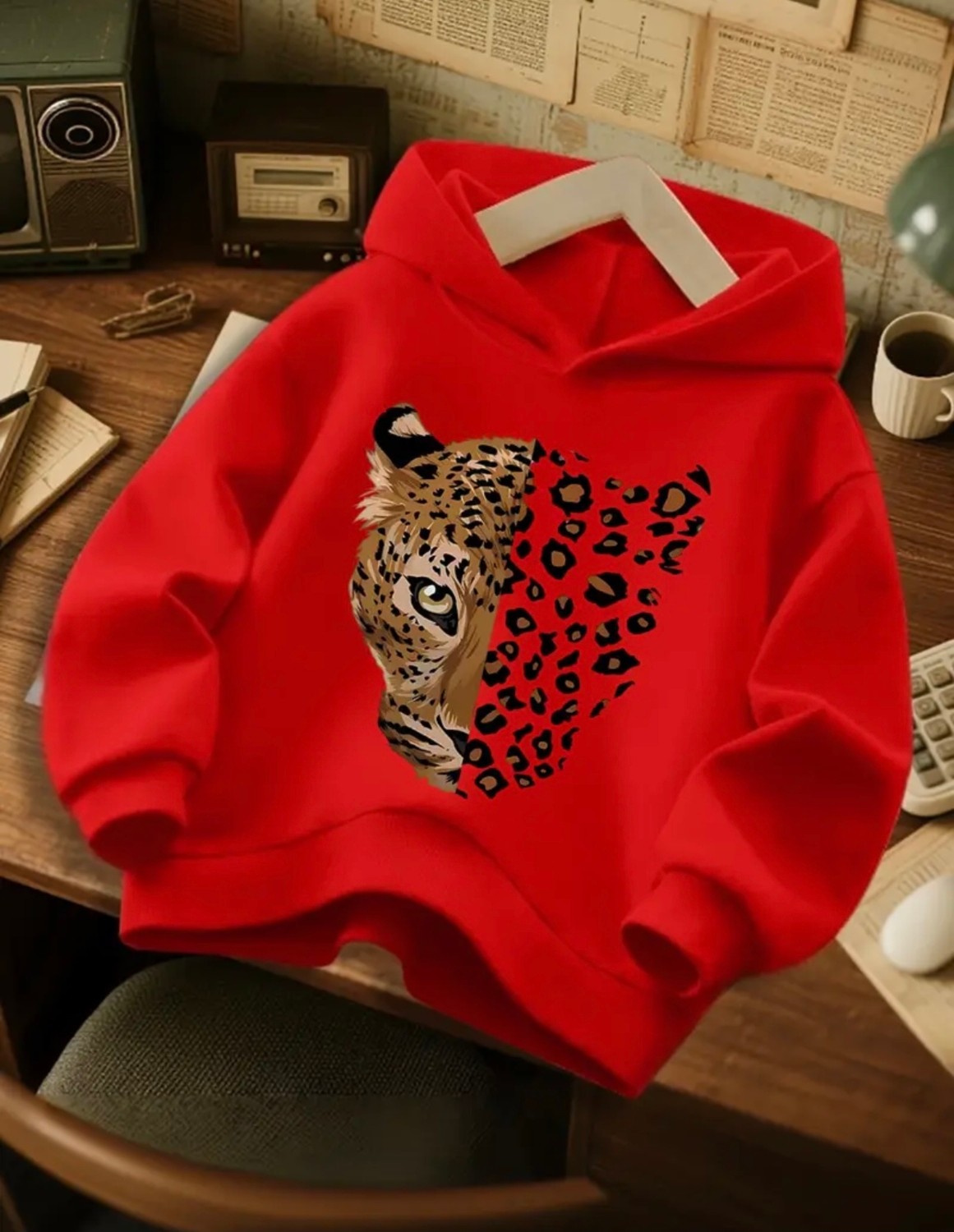 Amor Face Büyük Beden Özel Tasarım Kapüşonlu Leopar Baskılı Oversize 3 Iplik Kadın Sweatshırt