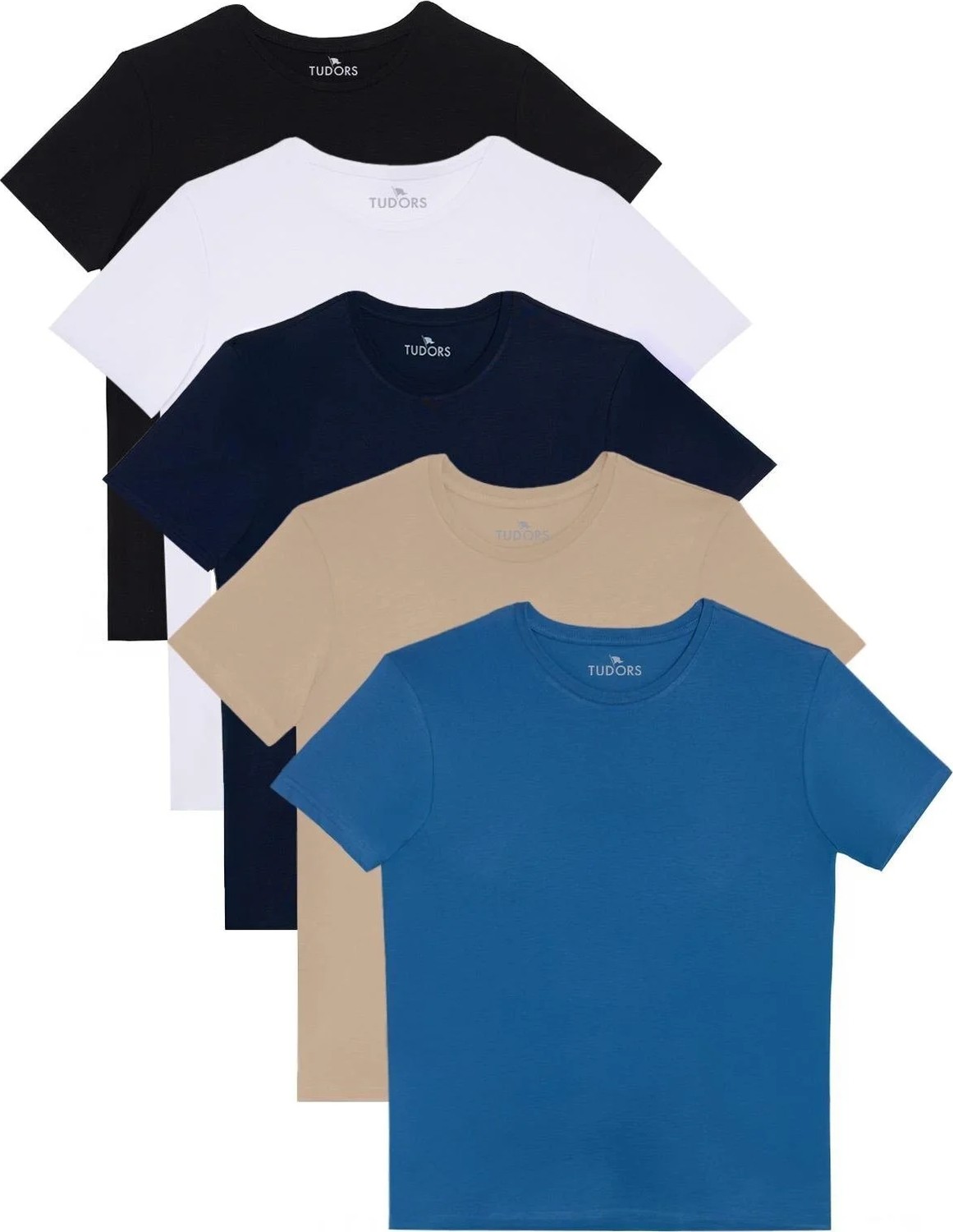 Tudors Unisex 5'li Pkt Siyah-Beyaz-Lacivert-Vizon-Mavi Slim Fit Dar Kesim %100 Pamuk Bisiklet Yaka Tişört