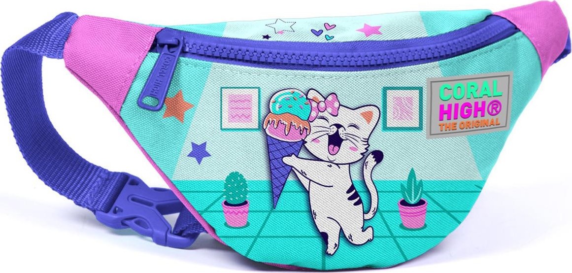 Coral High Kids Dondurmalı Kedi Desenli Turkuaz Pembe Bel Çantası 11503