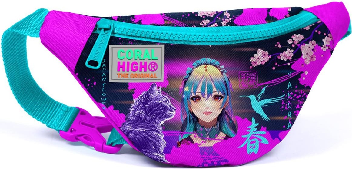 Coral High Anime Kedi Desenli Bel Çantası Mor Pembe 11505 Polyester Malzeme ile Şık Tasarım