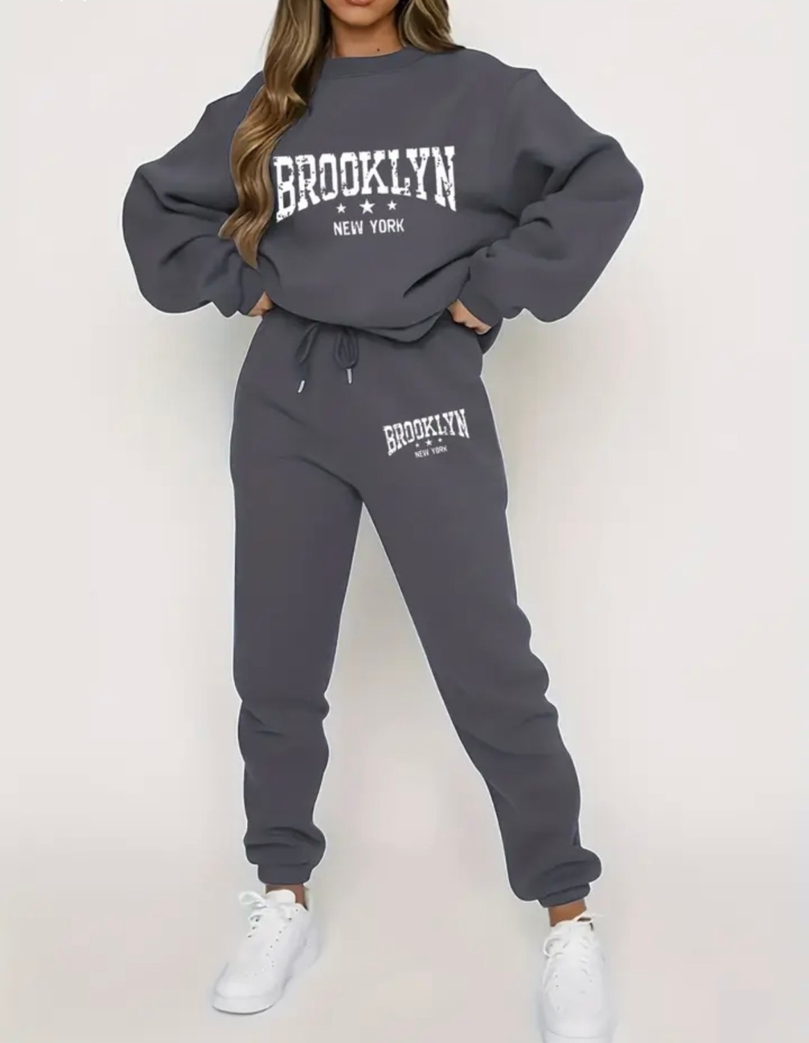 Amor Face Büyük Beden Kadın Brooklyn Baskılı Yüksek Kalite 3 Iplik Rahat Kalıp Eşofman Takımı