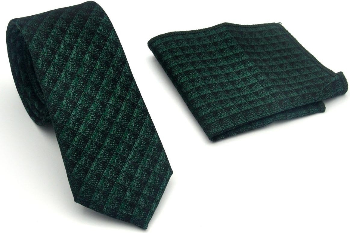 Gaffy Siyah Küp Desenli Yeşil Dokuma Kumaş Mendilli Slim Fit Kravat // SDK-2605-8 görsel 7