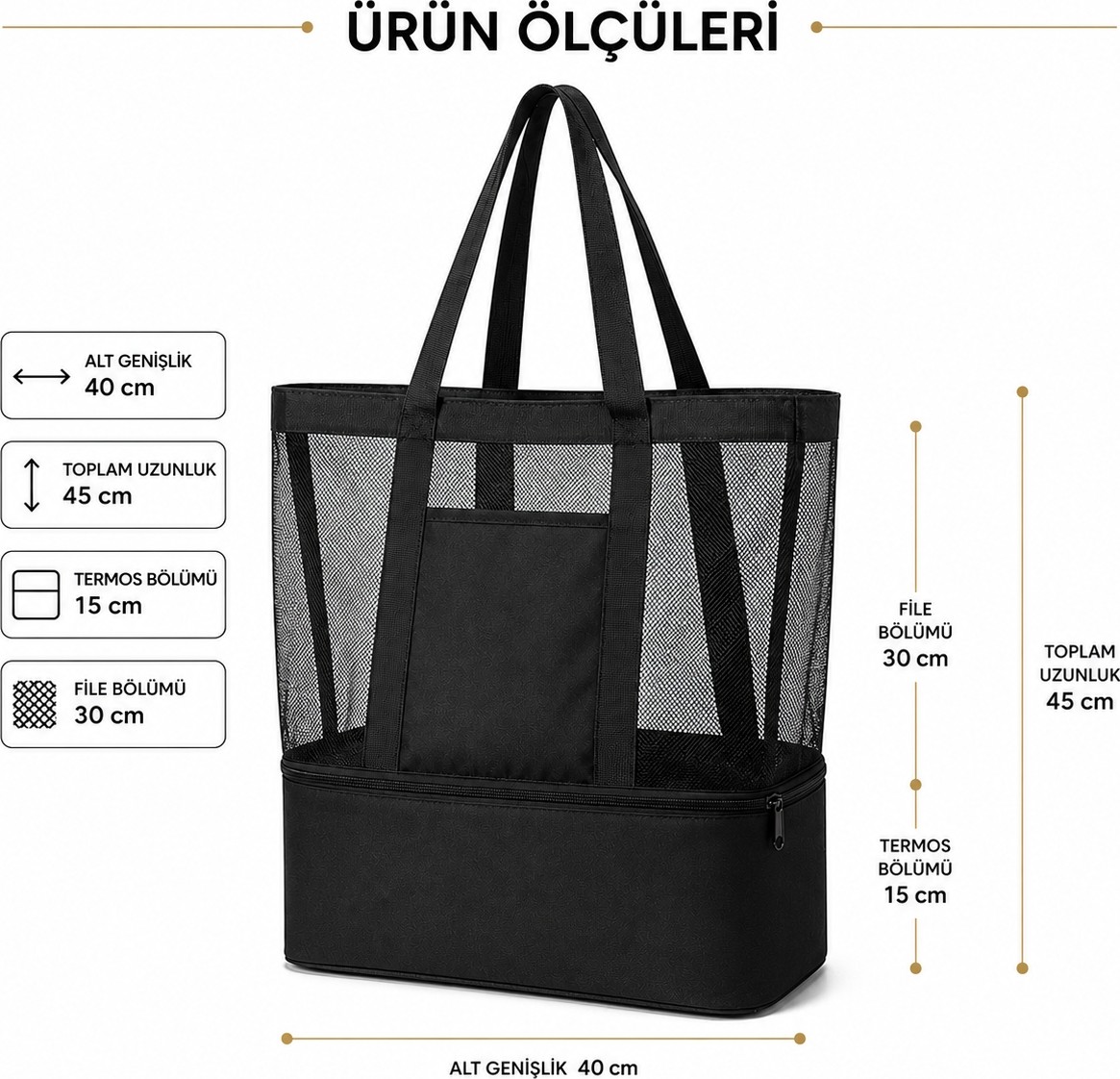 Moda West Termoslu Plaj Çantası Büyük Boy Geniş Hacimli Fileli Termal Sıcak Soğuk Korumalı Deniz Piknik Kamp Çantası görsel 2