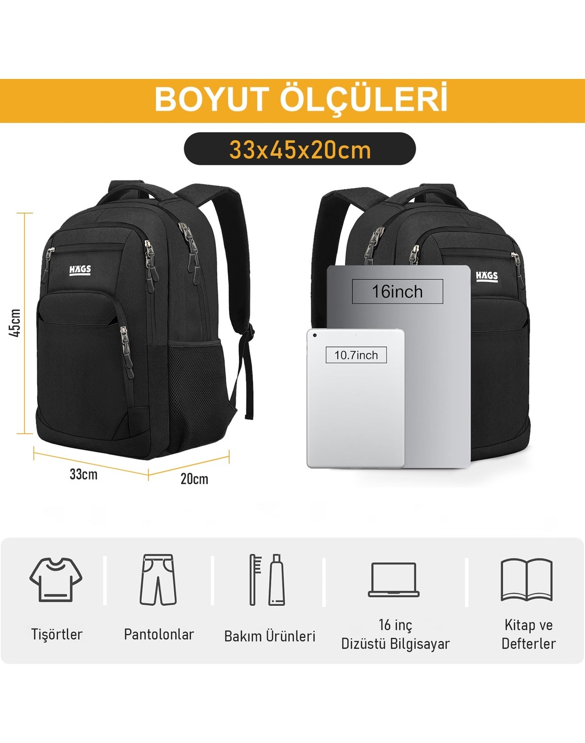 Haegs Laptop Sırt Çantası, Multi Cepli Iş Seyahat Çantası Erkek ve Beyan Için Sırt Çantası Siyah görsel 7