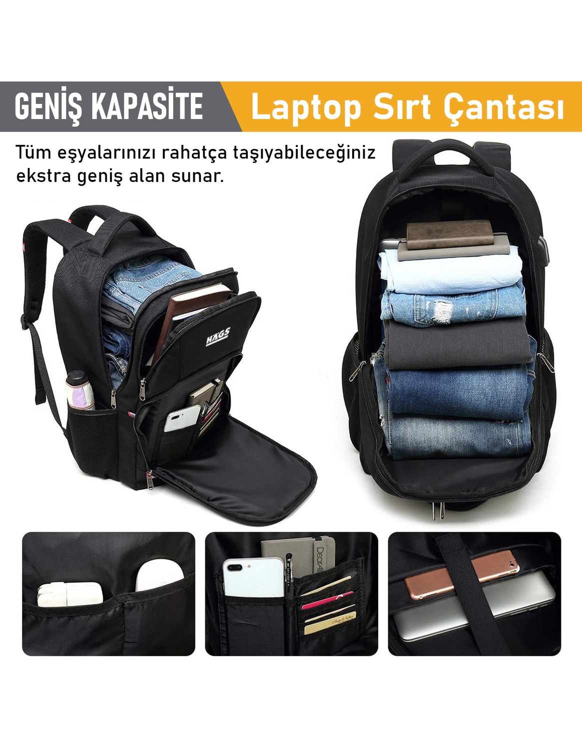 Haegs Laptop Sırt Çantası, Multi Cepli Iş Seyahat Çantası Erkek ve Beyan Için Sırt Çantası Siyah görsel 8