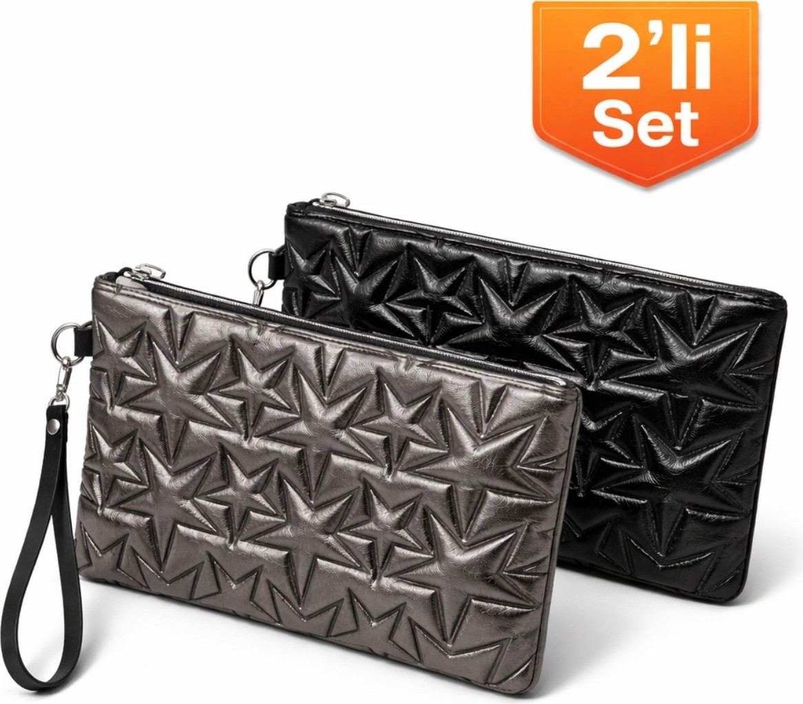 Adelina Bags 2'li Çanta Paketi Yıldız Desenli Portföy El Çantası Bilek Askılı Clutch Çanta