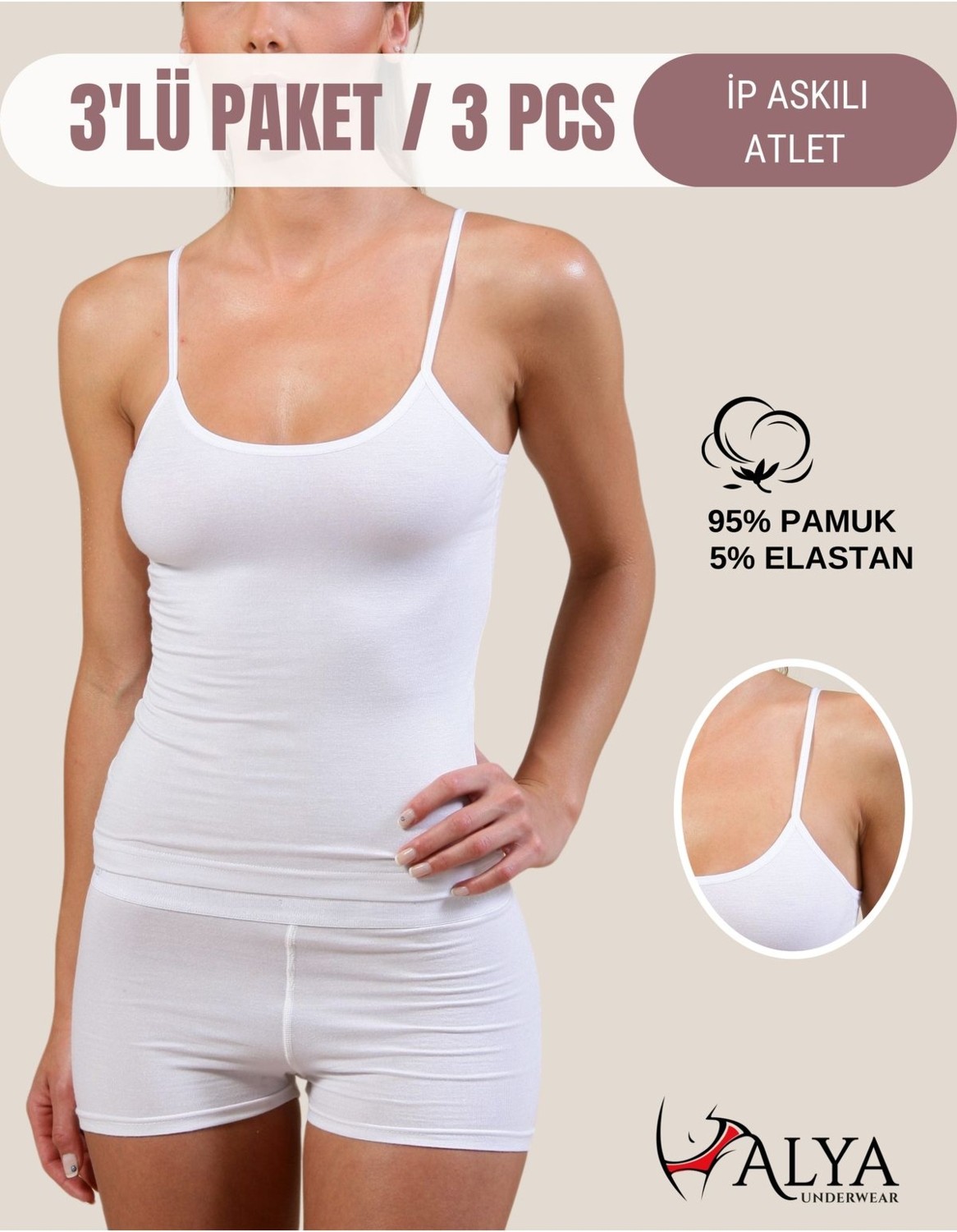 Alya Underwear Kadın Pamuklu Ip Askılı Oval Yaka Atlet ( 3'lü, 3 Adet Beyaz - Xl ) görsel 6