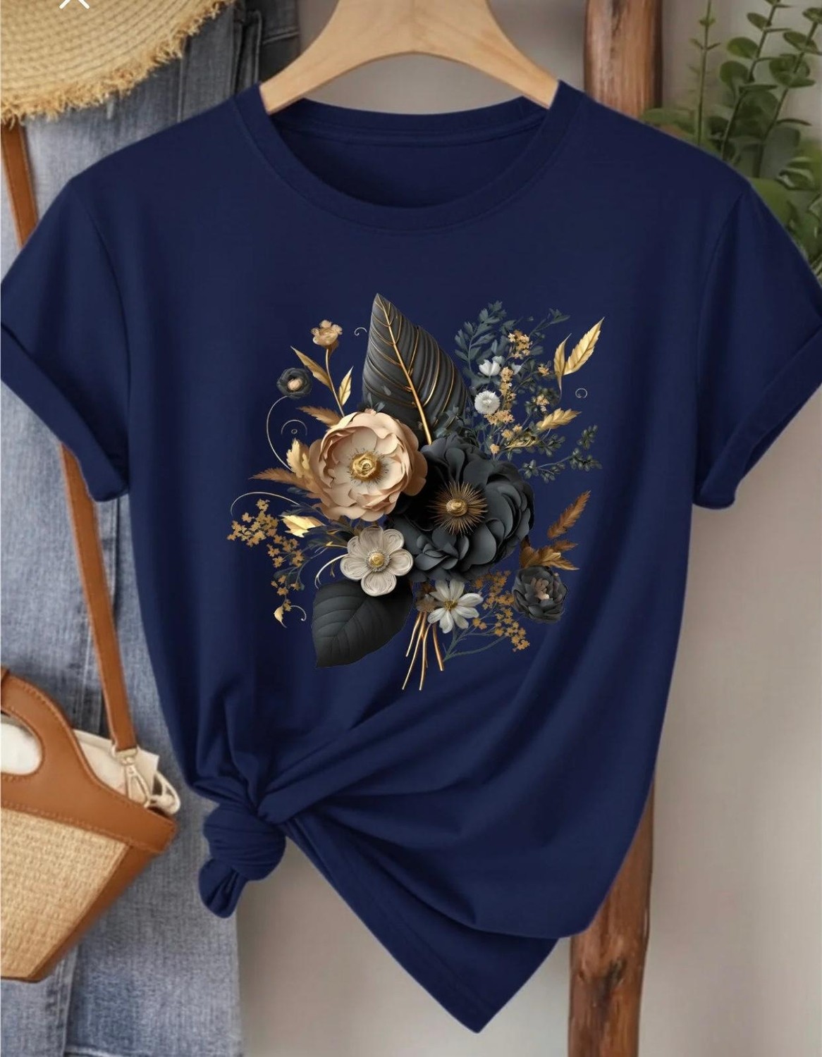Nigrum Pardus Nıgrum Pardus Yeni Sezon Black Flower Bouquet Baskılı %100 Pamuk Büyük Beden Kadın T-Shirt