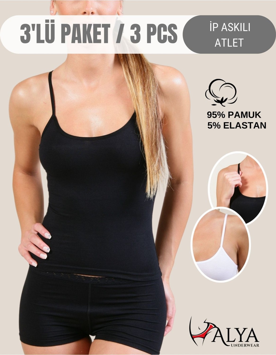 Alya Underwear Kadın Pamuklu Ip Askılı Oval Yaka Atlet ( 3'lü, 3 Adet Beyaz - Xl )