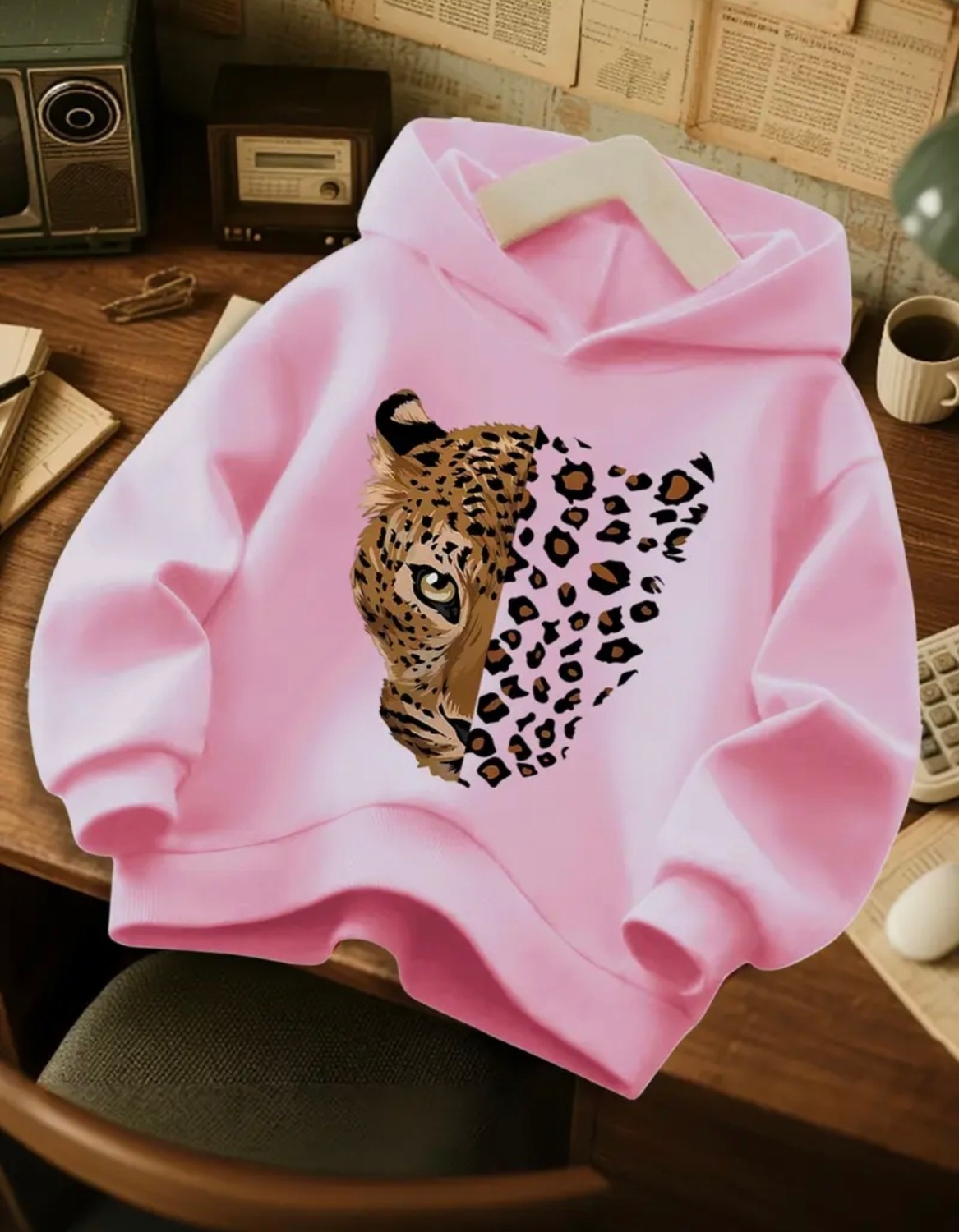 Amor Face Büyük Beden Özel Tasarım Kapüşonlu Leopar Baskılı Oversize 3 Iplik Kadın Sweatshırt