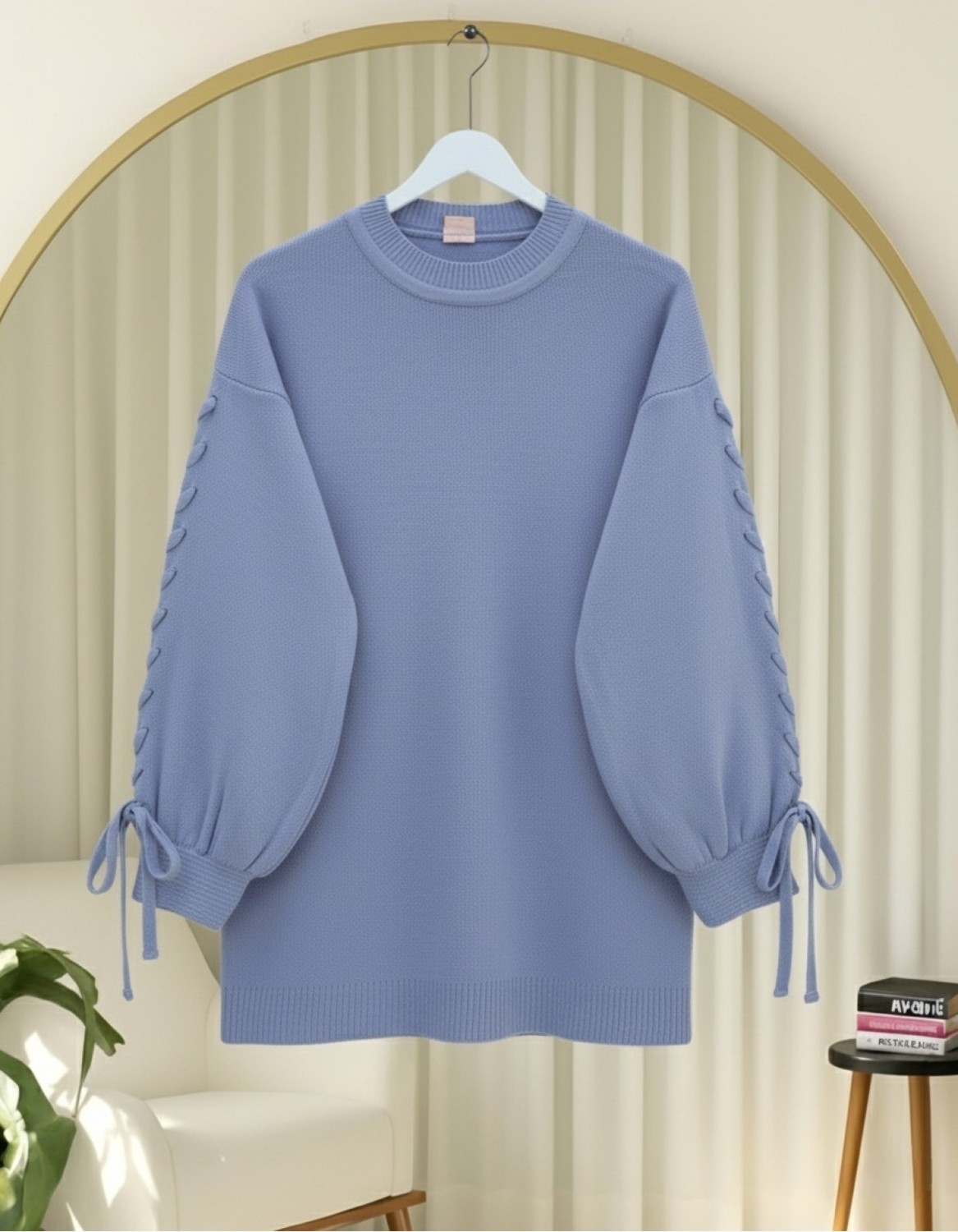Moda Morfo Yuvarlak Yaka Kolu Örgü Detaylı Triko Kazak -İndigo görsel 7