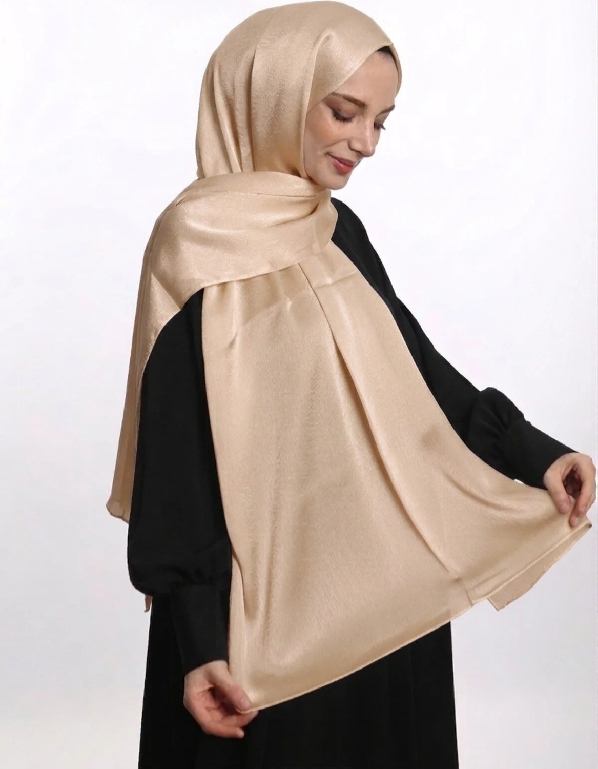 Samara Scarf Abiye Janjan Parlak Saten Dokulu Tesettür Abiye Şifon Altın Şal görsel 4