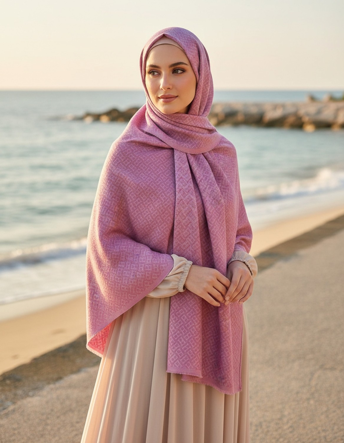 Lady Coco Yaz Esintisi Kendinden F Desenli Krep Şal görsel 3