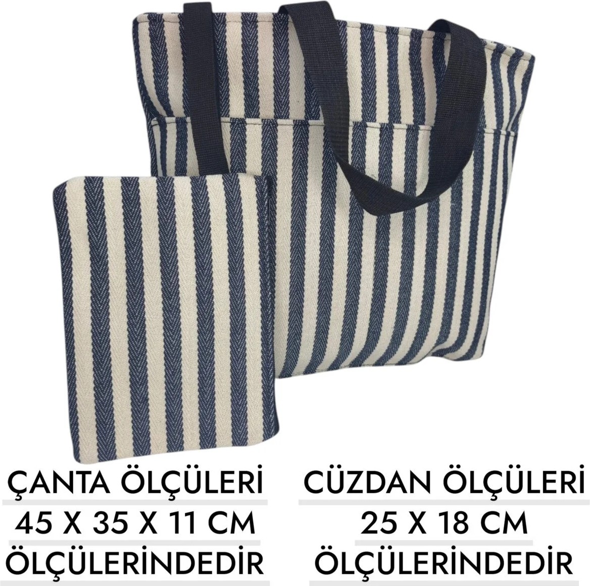 Premini Lacivert Bej Keten Dokuma Plaj ve Deniz Çantası + Cüzdan, Şık ve Kullanışlı 2'li Set görsel 2