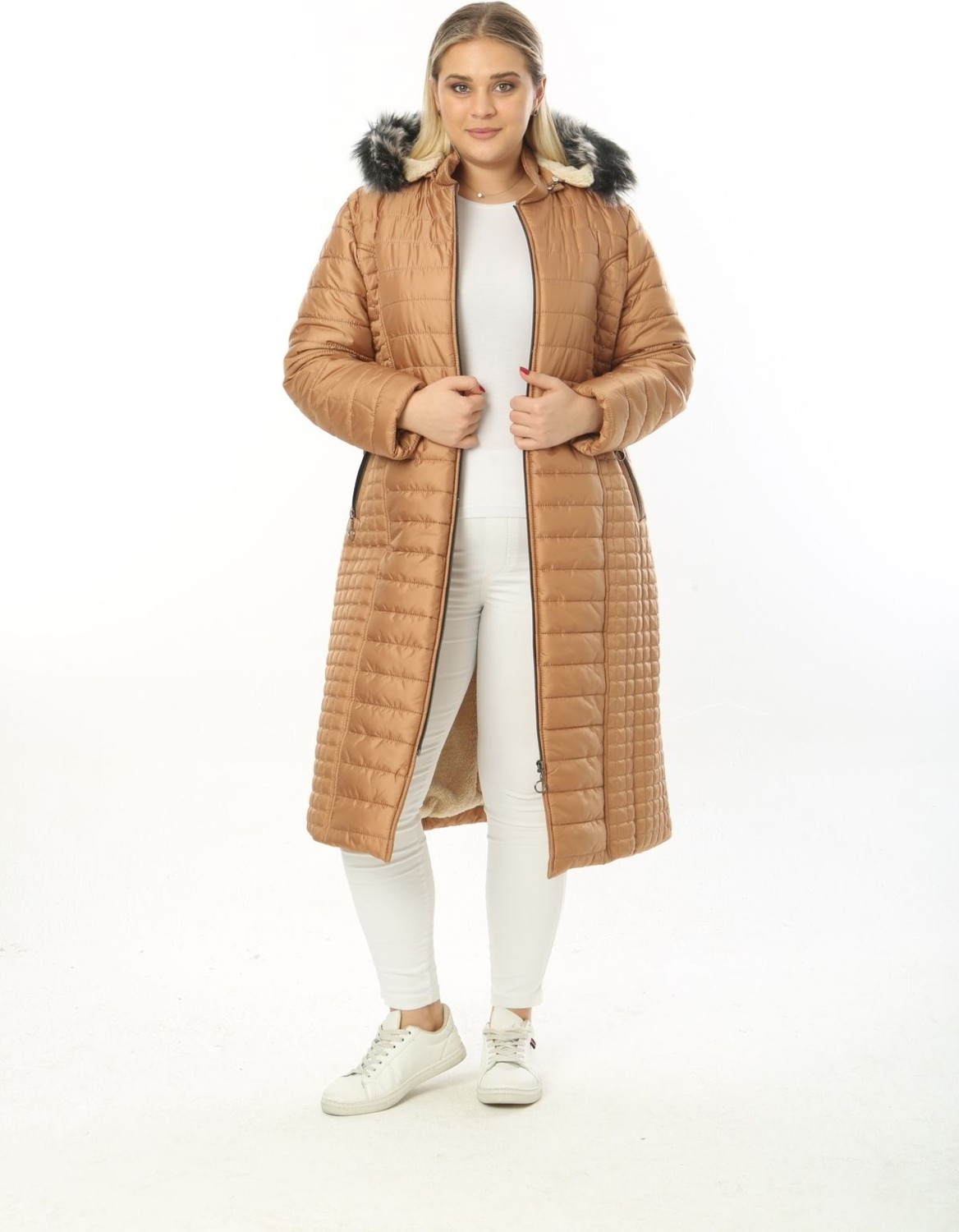 TUTveAL Collection Kadın Hardal Içi Kürklü Mont Uzun Kapitone Mont Kapüşonlu Büyük Beden Mont görsel 8