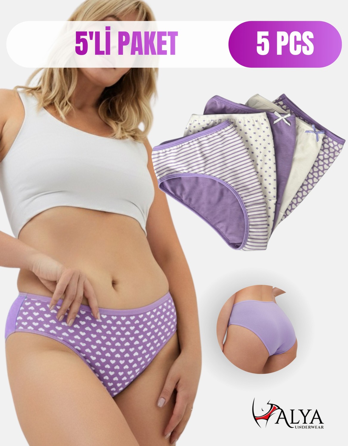 Alya Underwear Pamuklu Kadın Külot Slip Empirme Baskılı Yüksek Bel Iç Çamaşırı - 5'li Paket, S