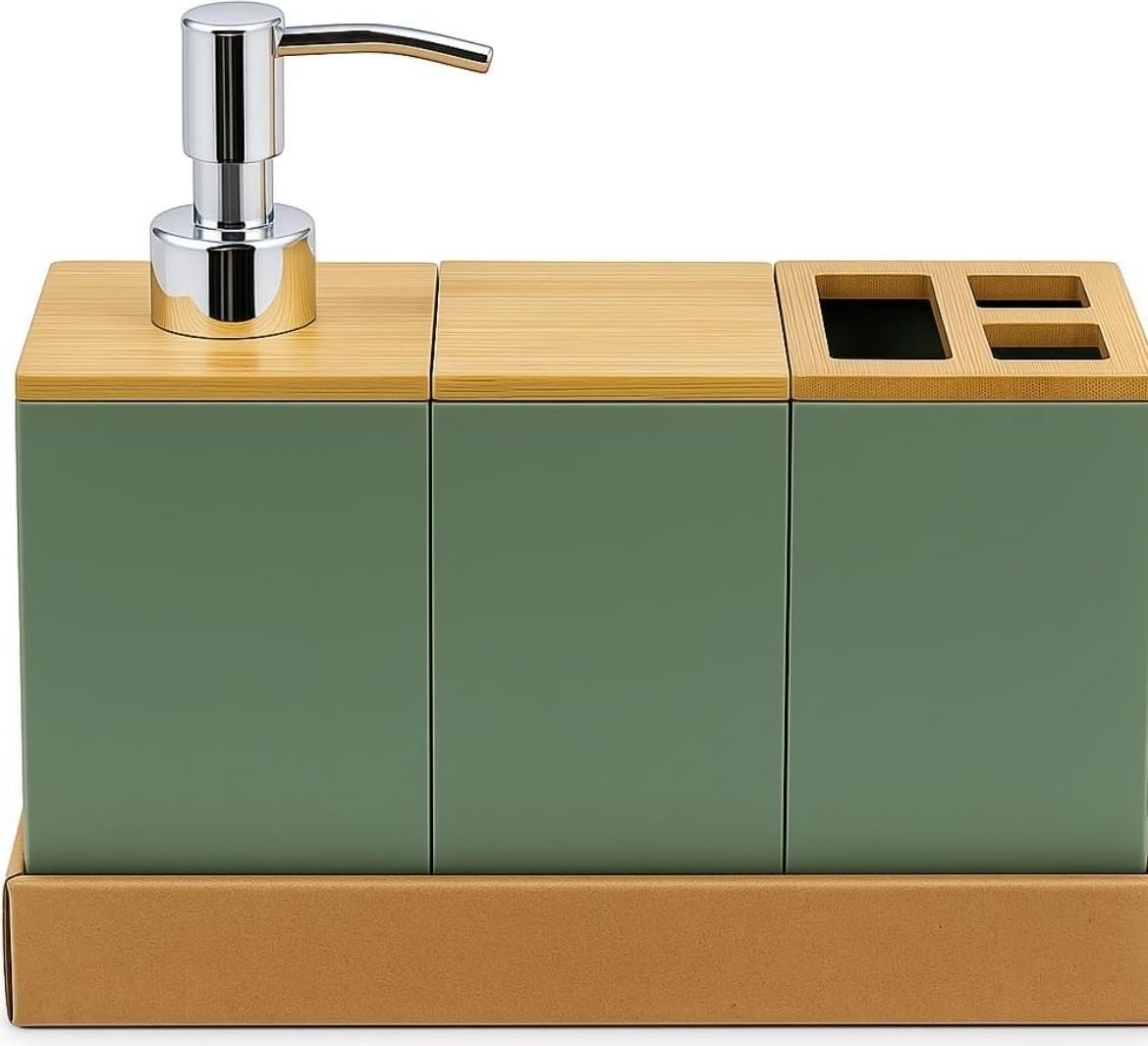 Prime Bambu Kapaklı Yeşil Banyo Seti, Sıvı Sabunluk, Diş Fırçalık, Çok Gözlü Organizer ve Düzenleyici görsel 3