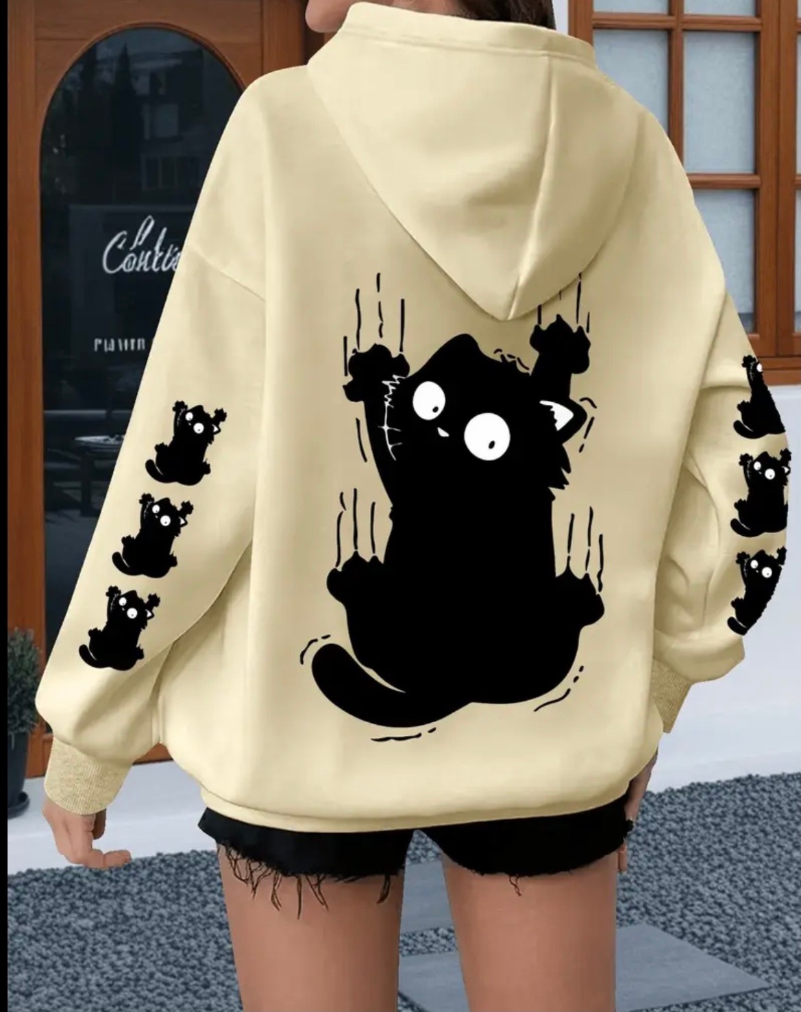 Punix Punıx Büyük Beden Özel Seri Kapüşonlu Siyah Kedi Kol Sırt Baskılı Oversize Modern Kadın Sweatshırt