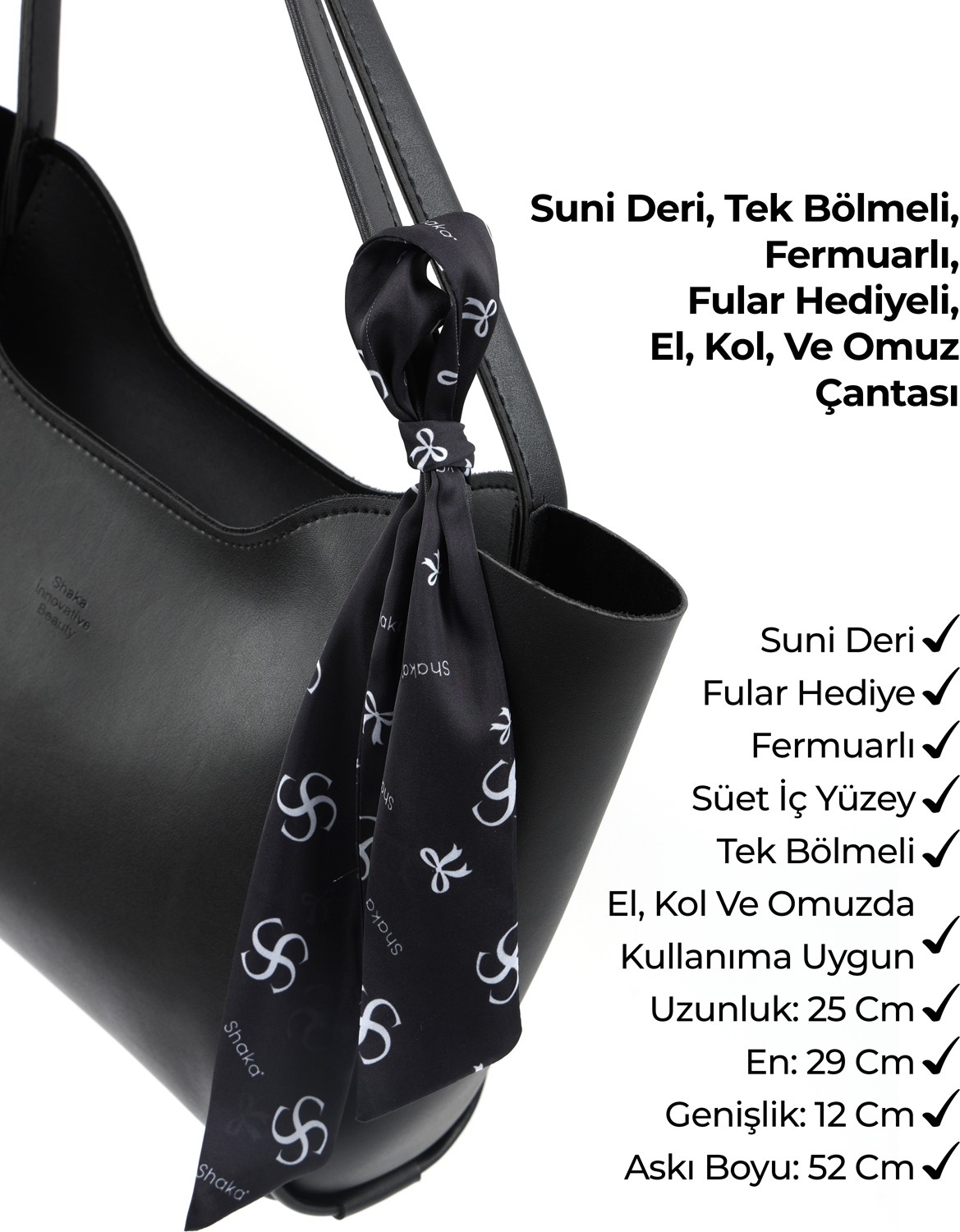 SHAKA Siyah SHK240 Suni Deri Fermuarlı Tek Bölmeli Fular Hediyeli El,kol ve Omuz Çantası görsel 7