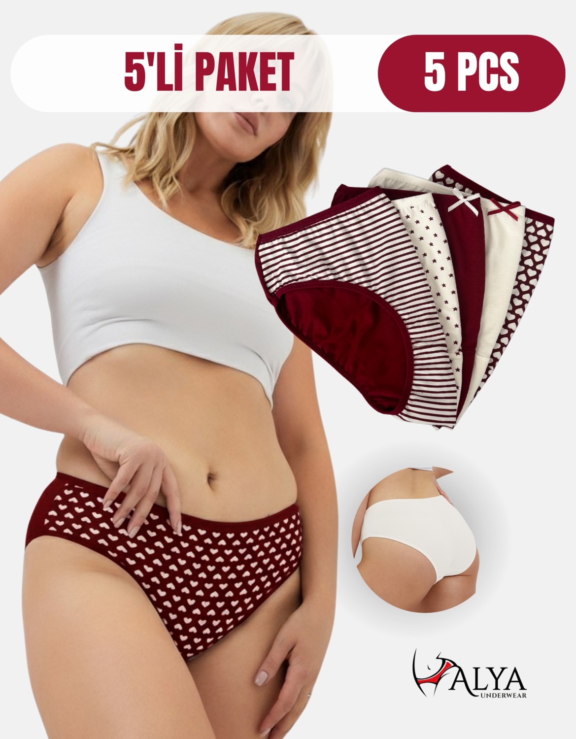Alya Underwear Pamuklu Kadın Külot Slip Empirme Baskılı Yüksek Bel Iç Çamaşırı - 5'li Paket, S