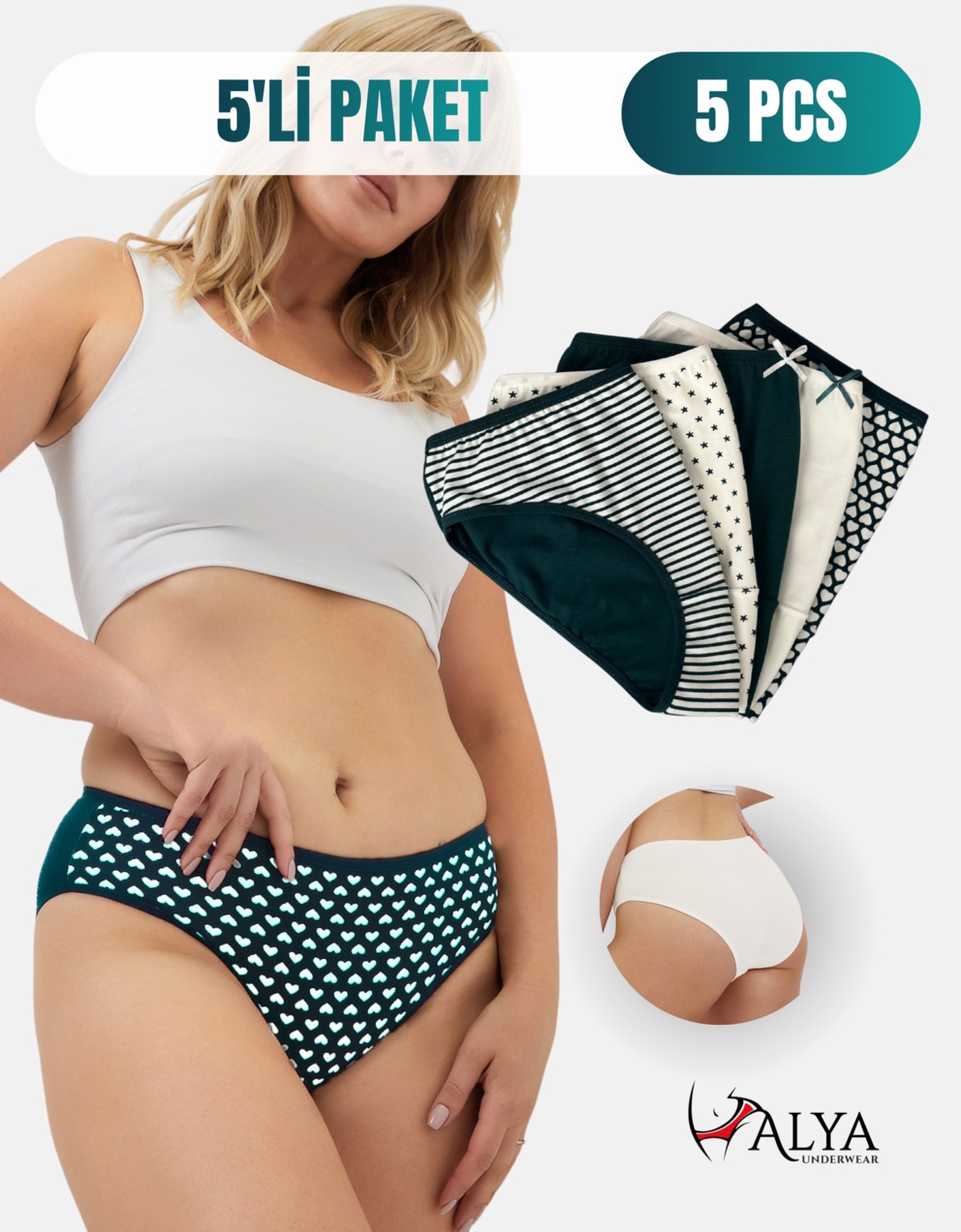 Alya Underwear Pamuklu Kadın Külot Slip Empirme Baskılı Yüksek Bel Iç Çamaşırı - 5'li Paket, S