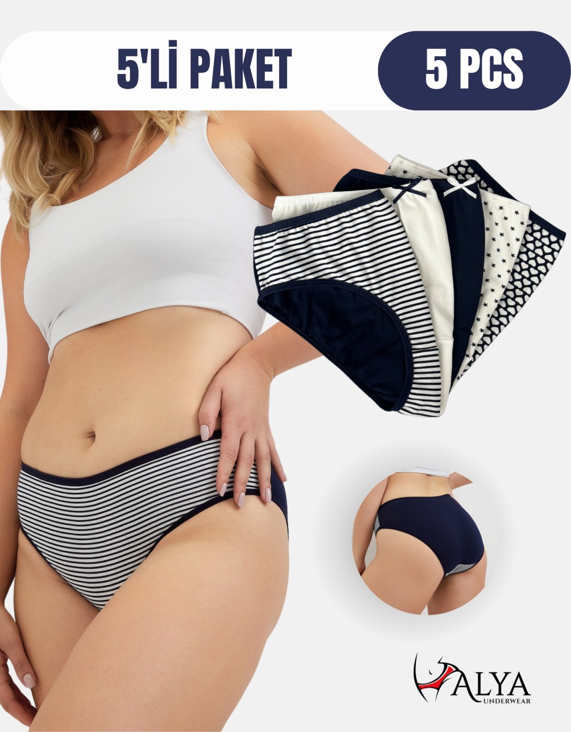 Alya Underwear Pamuklu Kadın Külot Slip Empirme Baskılı Yüksek Bel Iç Çamaşırı - 5'li Paket, S