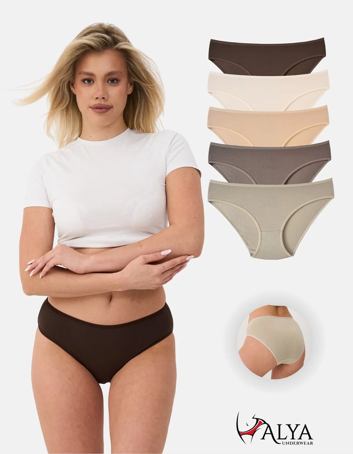 Alya Underwear Kadın Külot Pamuklu Iç Çamaşırı Büyük Beden Dahil - Kahve, Bej, Pudra, Sütlü Kahve, Beyaz 5'li Paket- P20 - L