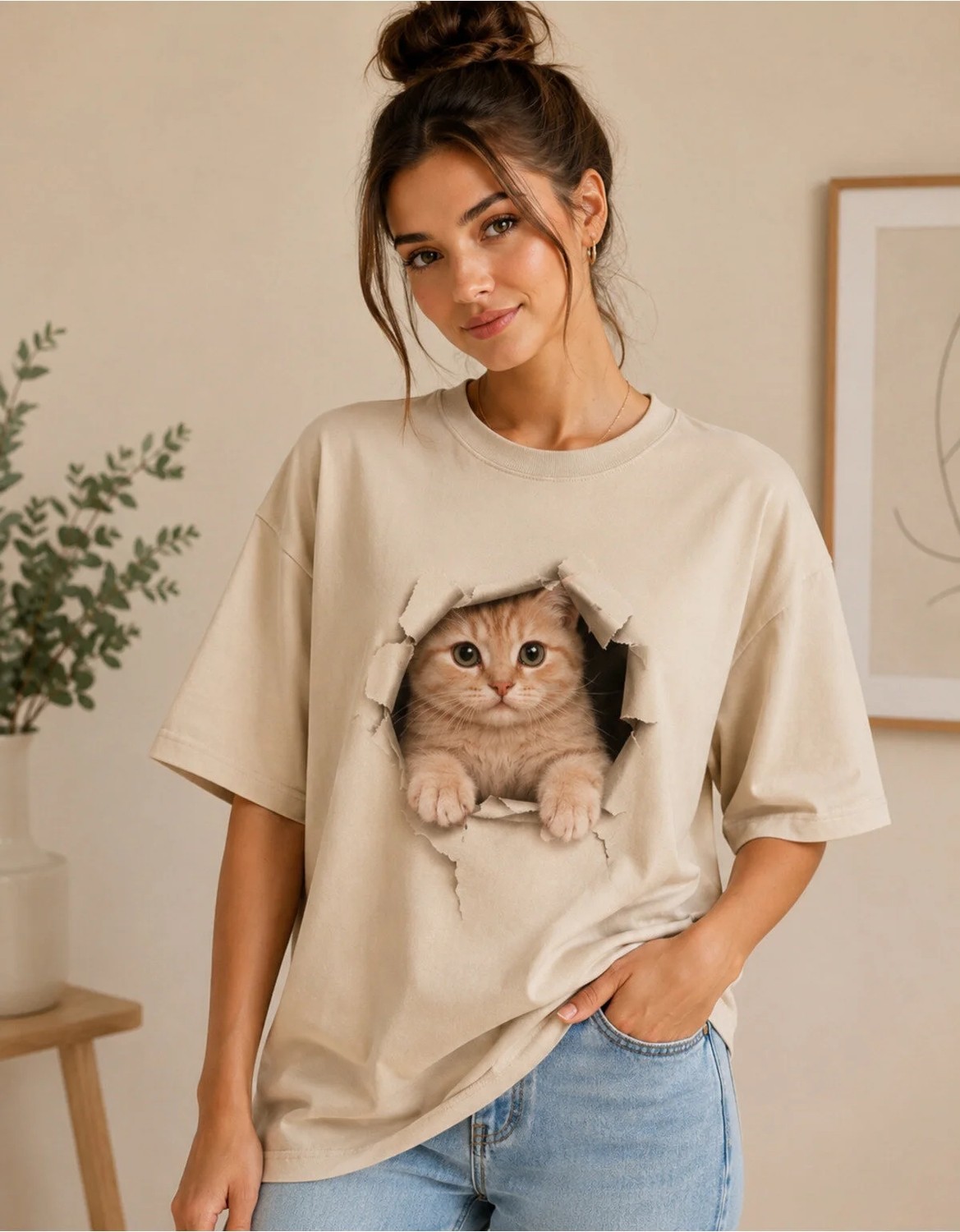 Enb1r Moda Sevimli Kedi Baskılı 3D Yırtık Efekt Yarım Oversize Bisiklet Yaka Unisex Tişört, Cute Cat Grafik Baskılı Günlük Tişört