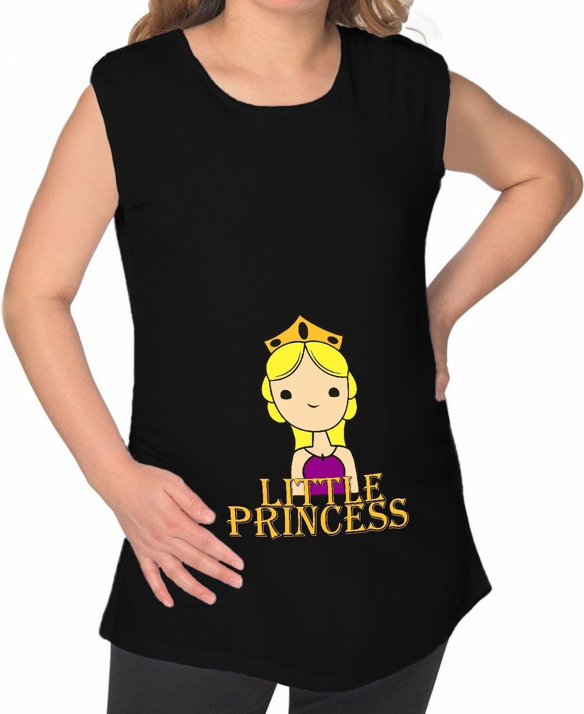 BK Gift Little Princess Tasarımlı Siyah Sıfır Kol Hamile Tişört-1, Hamile Giyim, Eşe Hediye