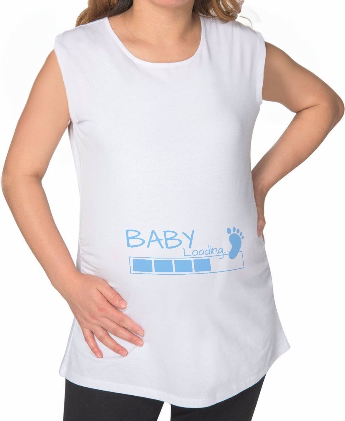 BK Gift Baby Loading Tasarımlı Beyaz Sıfır Kol Hamile Tişört-2, Hamile Giyim, Eşe Hediye