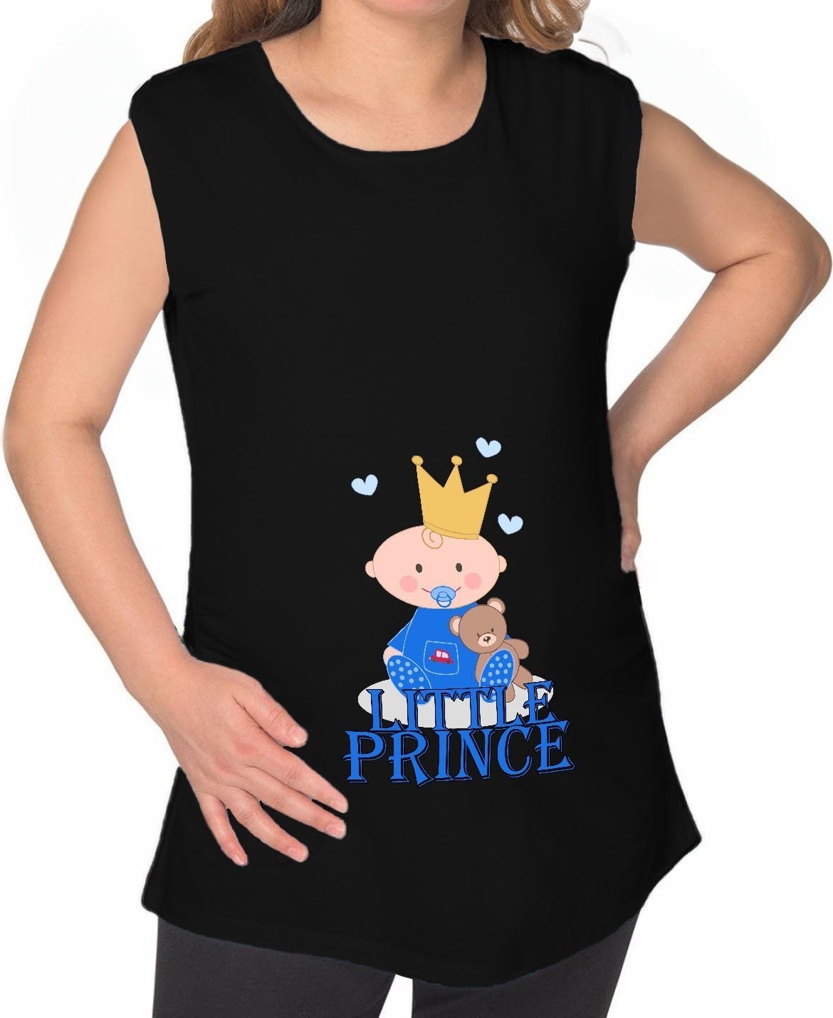 BK Gift Little Prince Tasarımlı Siyah Sıfır Kol Hamile Tişört-1, Hamile Giyim, Eşe Hediye