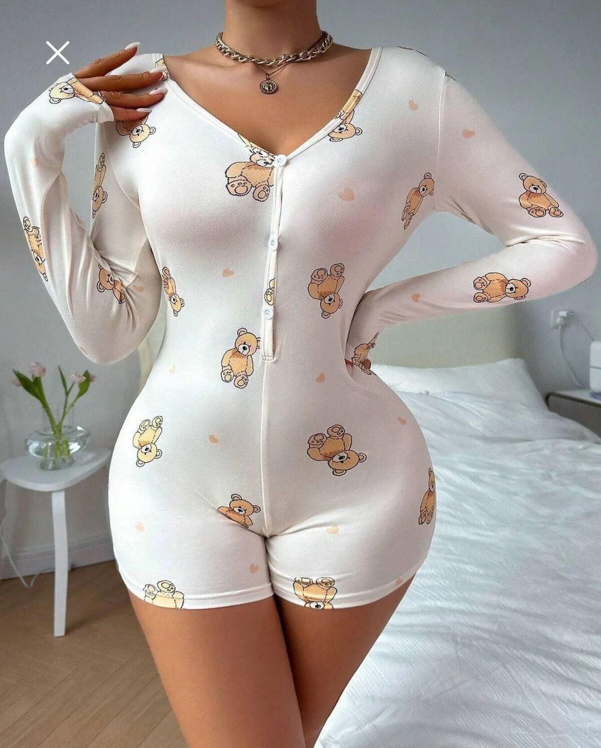 Hobilinka Pamuklu Beyaz Ayıcık Desenli Düğmeli Uzun Kol Tulum Pijama