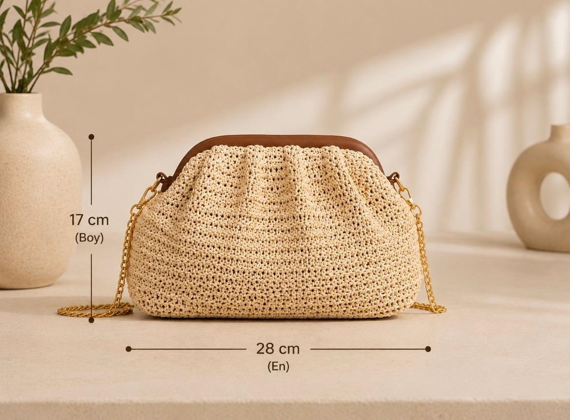 Zarena Official Sahara Straw - Hasır Örgü Zincir Askılı Portföy El ve Omuz Çantası - Kilitli Küçük Boy Clutch görsel 5
