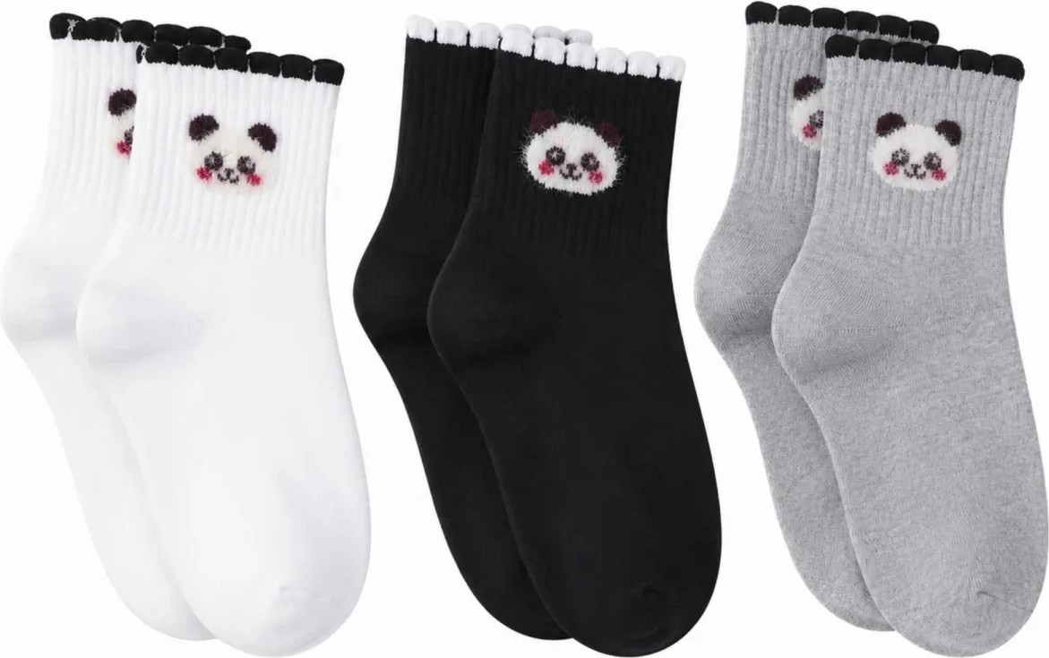 Belirtilmemiş Kadın Panda Desenli Kısa Konç Çorap 3'lü Paket, %80 Pamuklu Dikişsiz Burun, Nefes Alan Yumuşak Bile