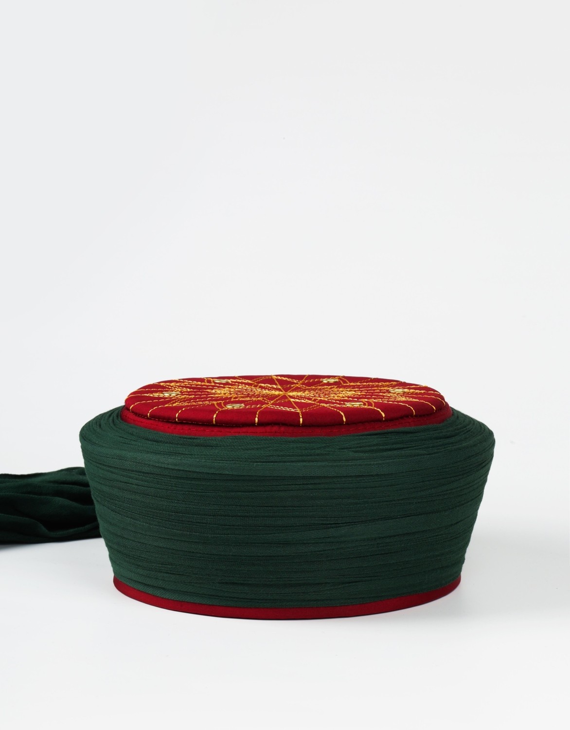 Sarıkhane Talebe Sarığı - Yeşil Kumaş - Bordo Takke - Düz Sarım - Kuş Gözü - 7 Metre (Züabeli) görsel 2
