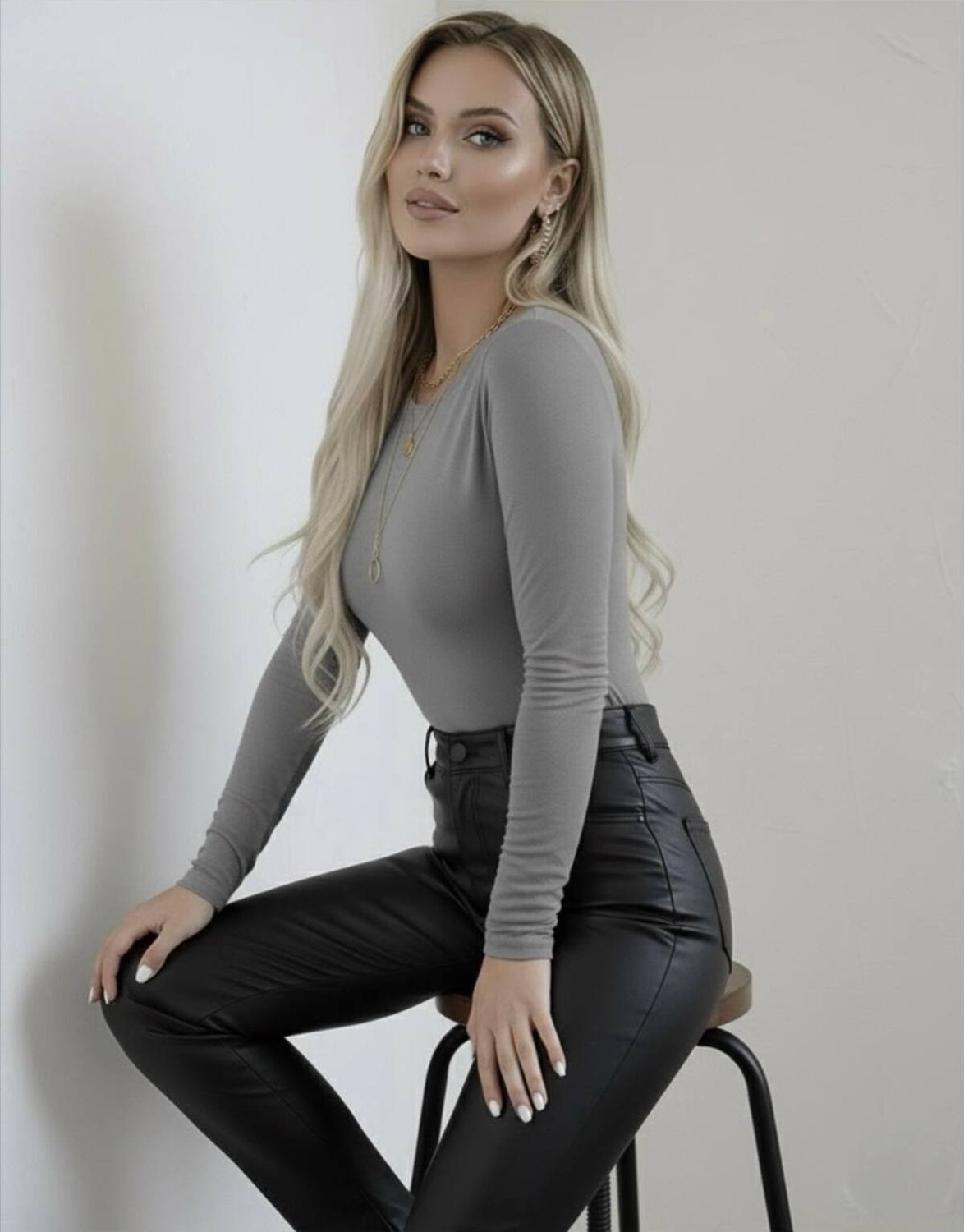 Hashtag Kadın Uzun Kollu Bisiklet Yaka Viskon Basic Body, Gri Beyaz Lacivert Şık Günlük Üst görsel 4