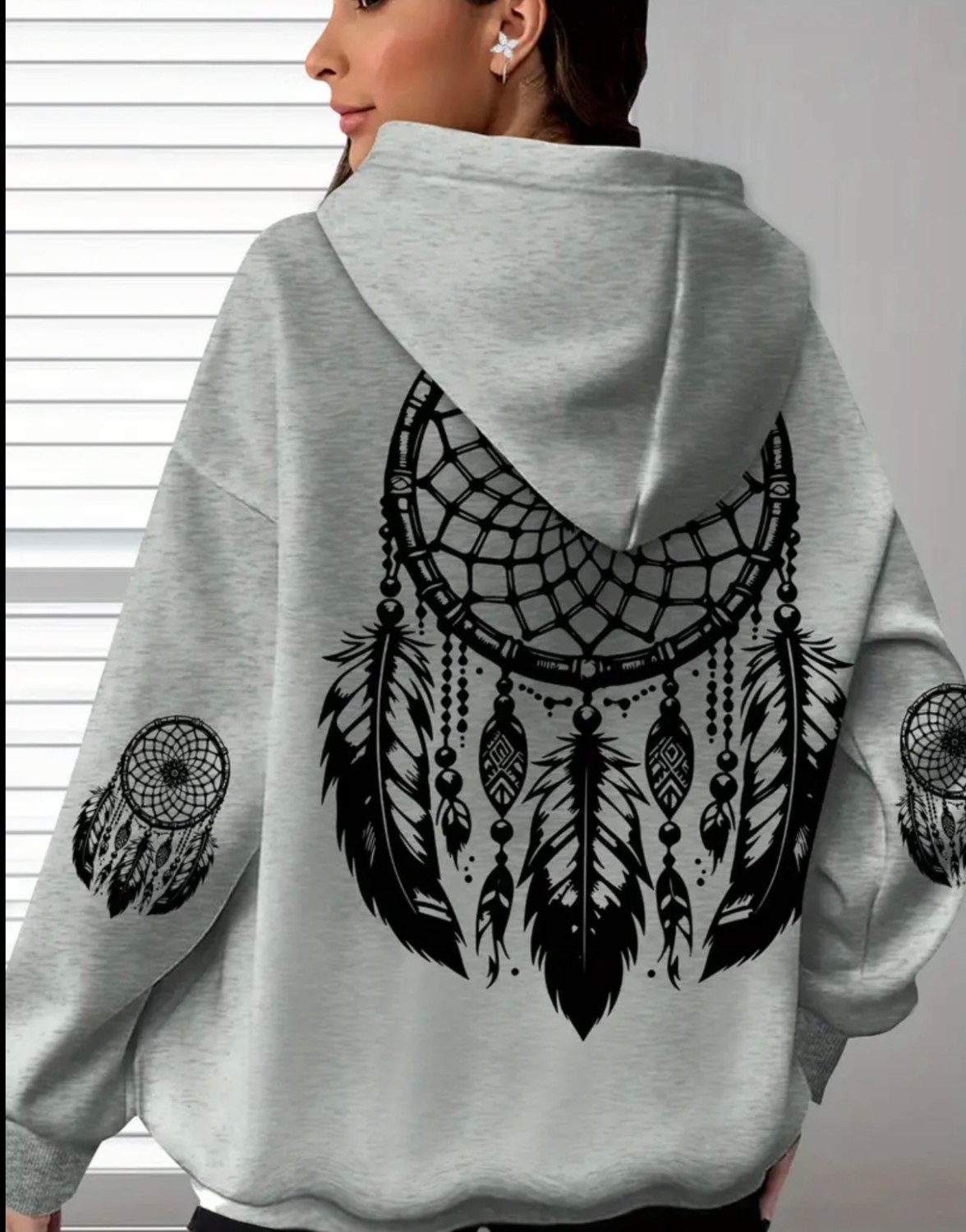 Amor Face Büyük Beden Özel Tasarım Kapüşonlu Şiva Tüyleri Sırt Baskılı Oversize %100 Pamuk Modern Kadın Sweatshırt görsel 6
