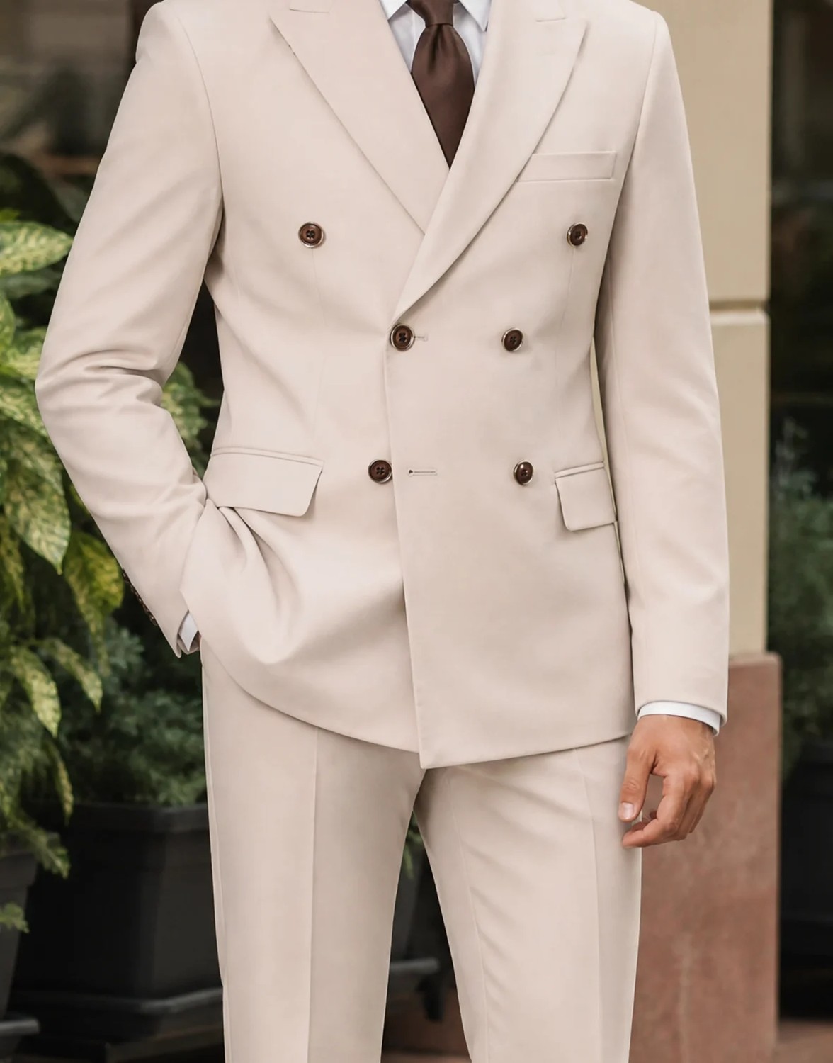 HC MEN CLASSIC Erkek Bej Comfort Fit Düz Viskon Kruvaze Takım Elbise görsel 4