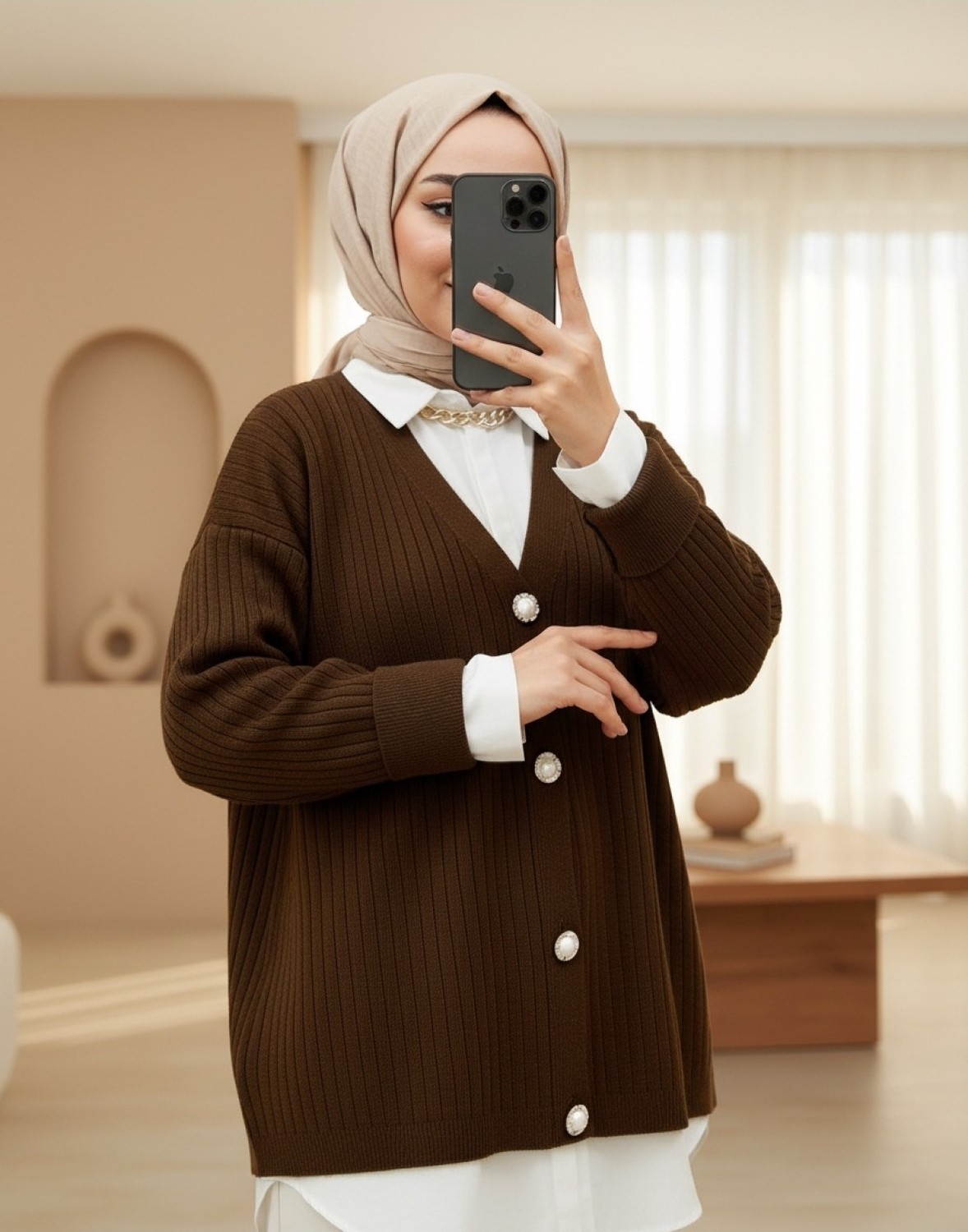 Moda Morfo Düğmeli Fitilli Triko Hırka -Kahve