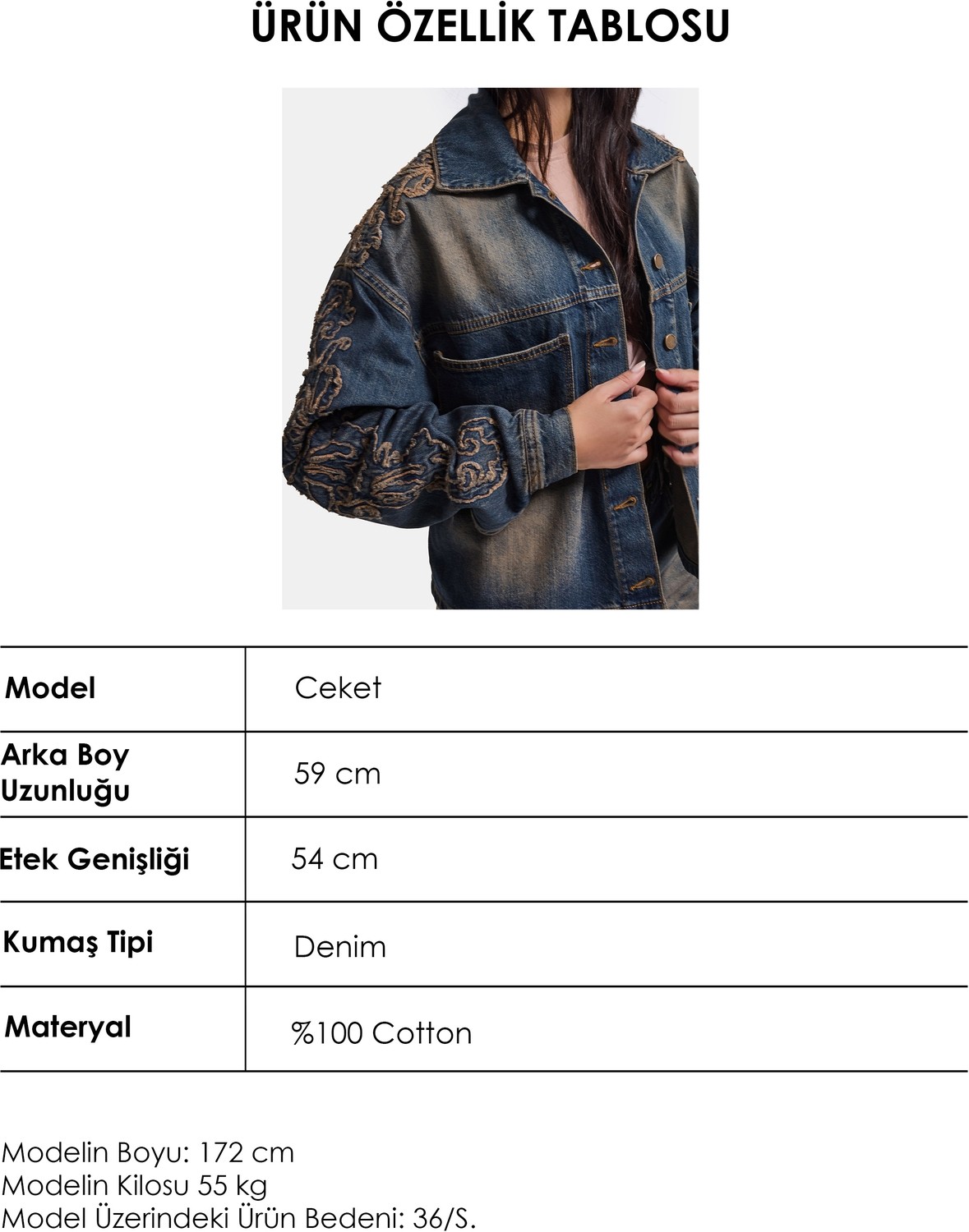It's Basic Kadın Koyu Kot 4W6-32 Oversize Nakış Detaylı Tasarım Denim Ceket görsel 6