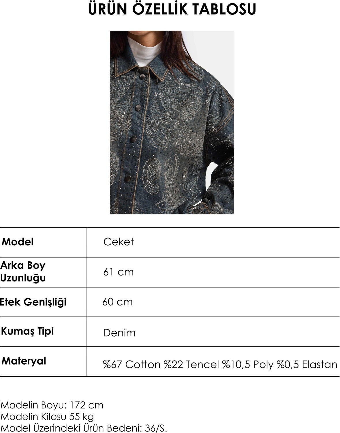 It's Basic Kadın Kot Rengi T-10W6-8 Oversize Parlak Taş ve Desen Özel Tasarım Denim Ceket görsel 5