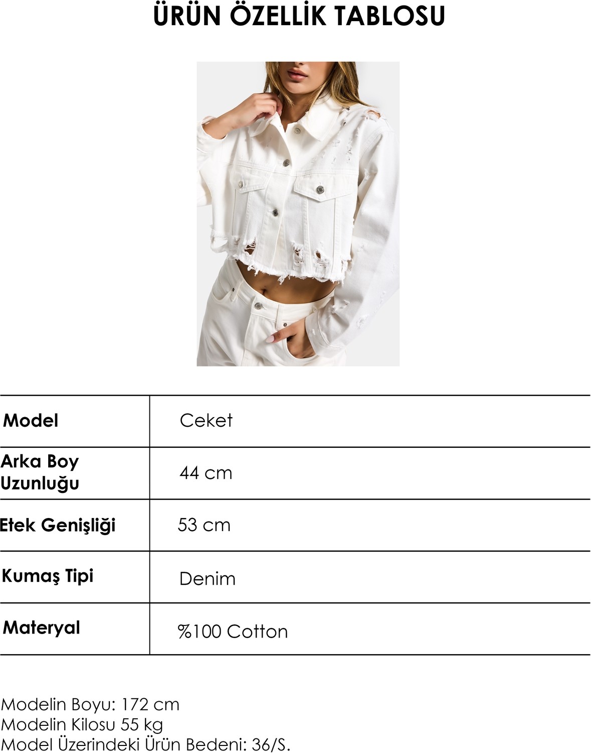 It's Basic Kadın Kırık Beyaz 15S6-101 Crop Fit Lazer Detaylı Denim Ceket görsel 6