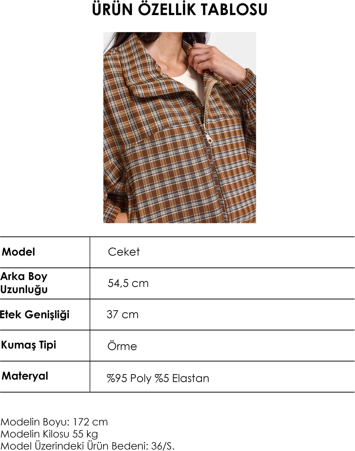 It's Basic Kadın Kahve Ekose W6-32 Oversize Kemer Boy Tasarım Ceket görsel 7