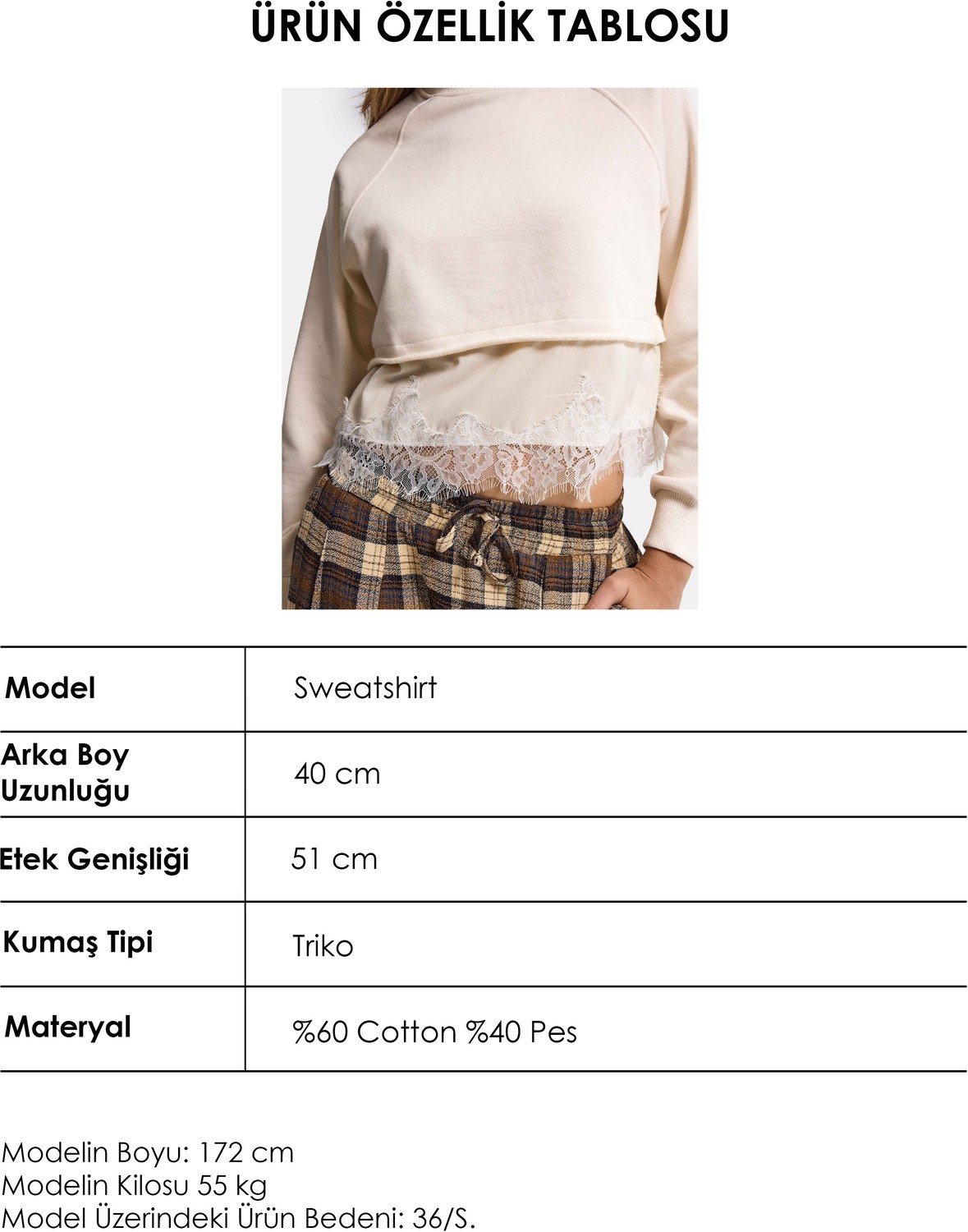 It's Basic Kadın Bej W6-105 Dantel Detaylı Bol Kesim Tasarım Sweatshirt görsel 8