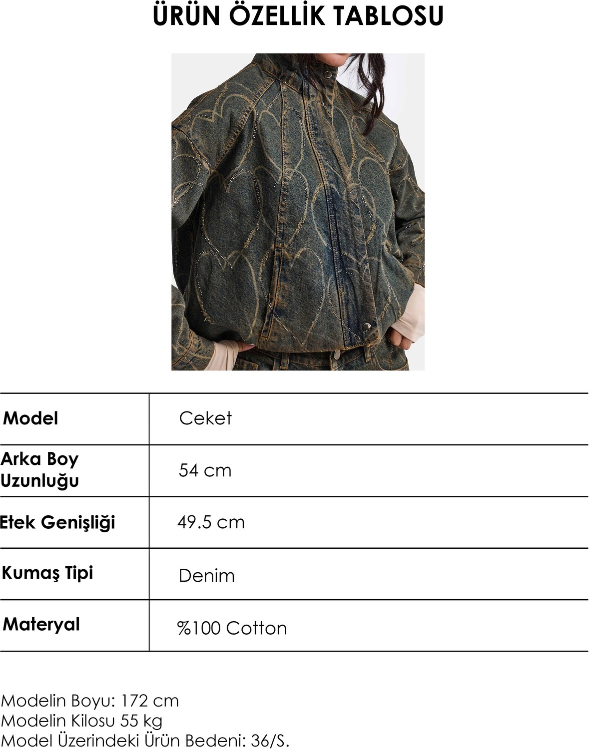 It's Basic Kadın Koyu Kot T-9W6-8 Oversize Bomber Özel Desen Taş Tasarım Denim Ceket görsel 7