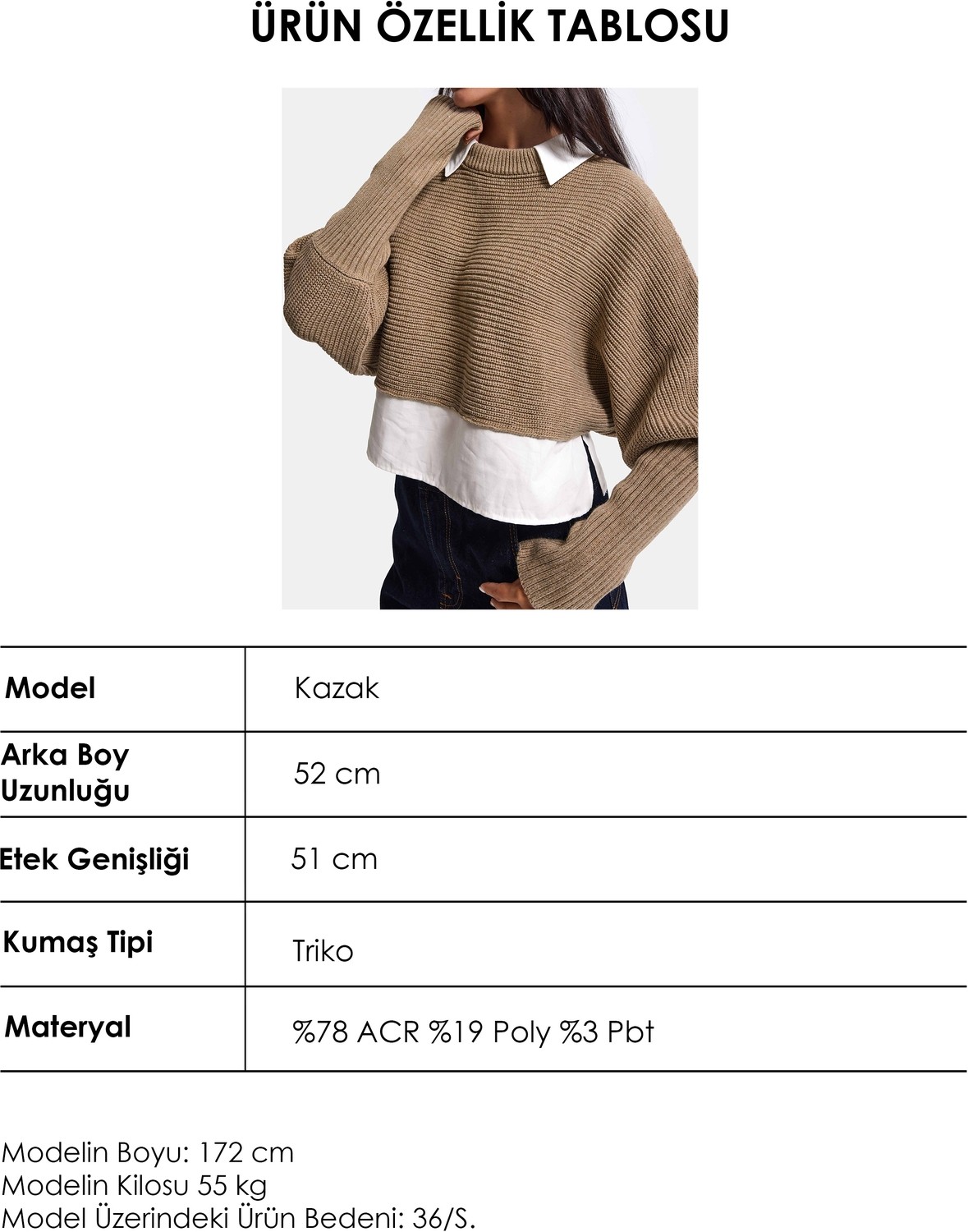 It's Basic Kadın Bej W6-57 Oversize Tek Parça Gömlek Yaka Detaylı Tasarım Triko Kazak görsel 6