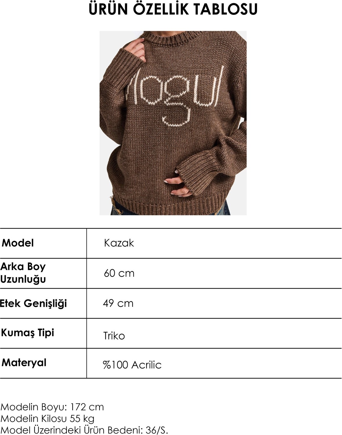 It's Basic Kadın Kahve W6-81 Mogul Nakışlı Oversize Tasarım Triko Kazak görsel 6